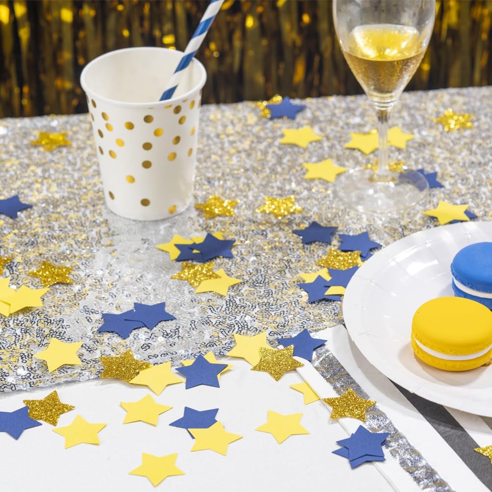 Gold Blue and Yellow Star Confetti Table Decoration for Graduation Birthday Retirement Eid Ramadan Festival Theme Party,1.2 inch in Diameter,200 Counts