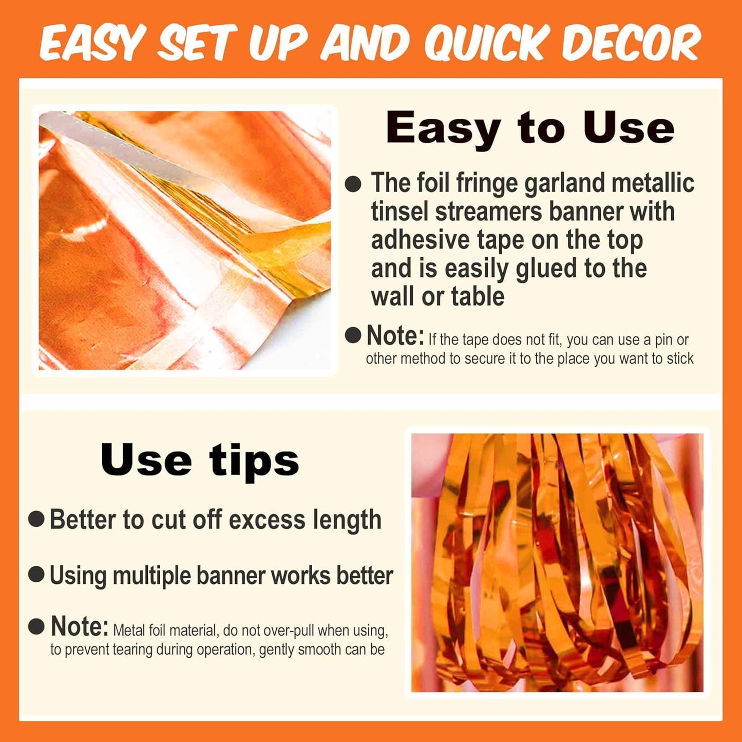 4 Pack 10 Ft Orange Foil Fringe Garland Metallic Streamers Tinsel Banner Wall Hanging Garland Backdrop for Parade Floats, Halloween, Christmas, Thanksgiving, New Year Party Decorations