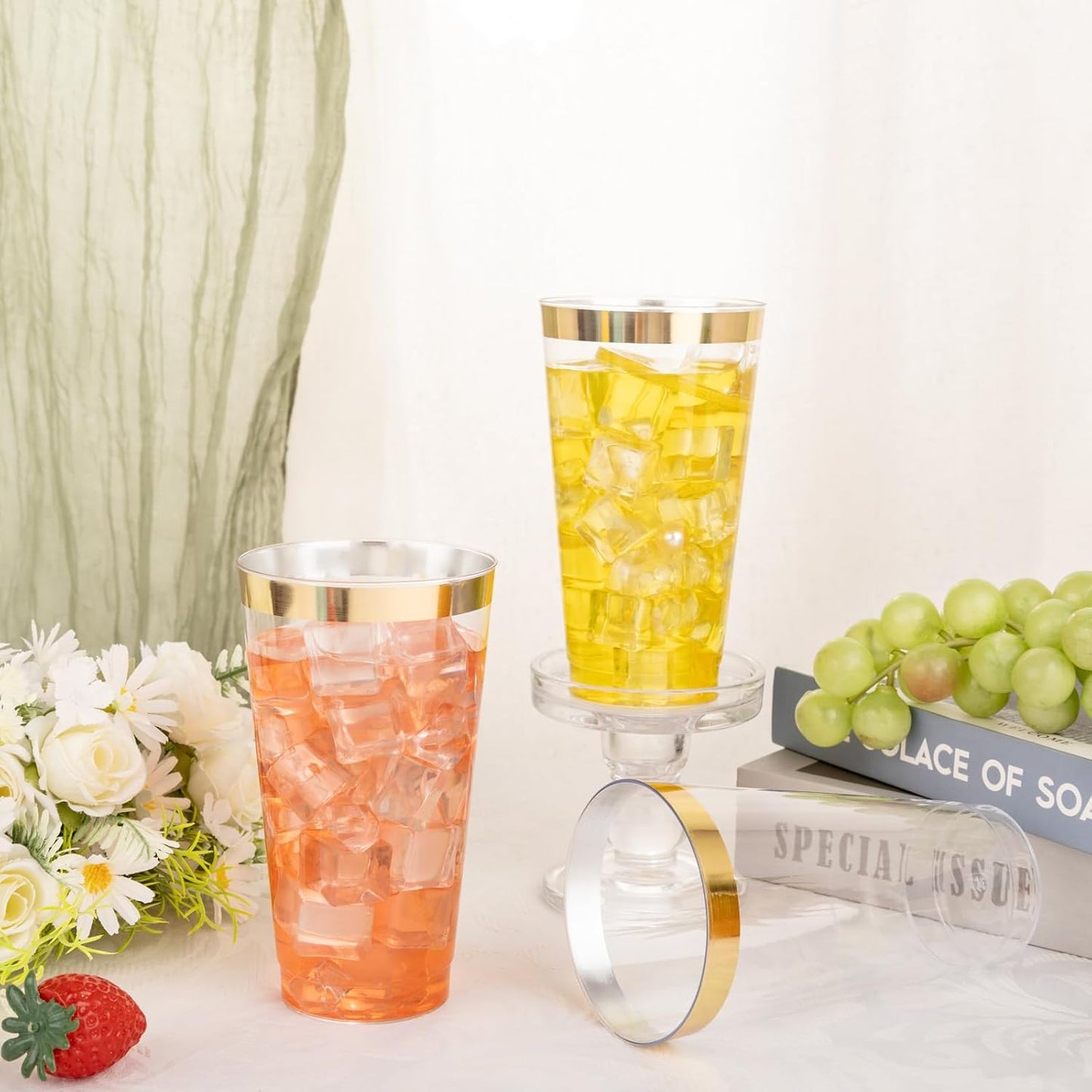 I00000 16 oz Gold Plastic Cups, 100 Pack Clear Plastic Cups Tumblers Gold Rimmed Cup, Heavy-duty Disposable Cup Perfect for Halloween, Thanksgiving and Christmas Parties