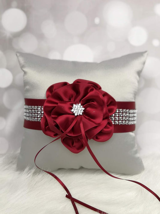 Abbie Home Flower Ring Bearer Pillow in Silver Satin Cover with Burgundy Ribbon Flower Rhinestone Decor Luxury Satin Collection Party Favor Set (Burgundy+Silver Pillow)