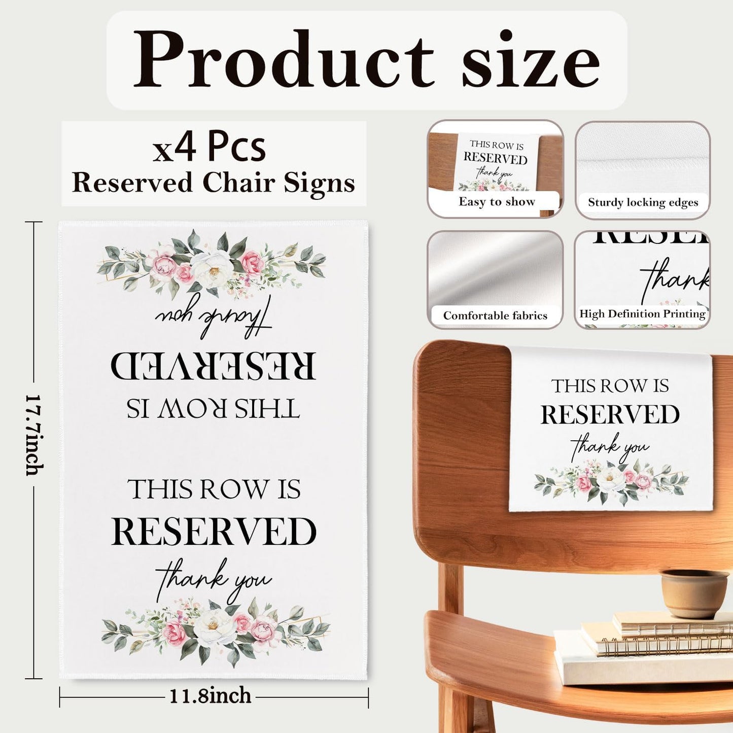Reserved Seating Chair Signs, This Row Is Reserved Pew Cloths Seating Placeholder for Church Pews, Wedding Decorations for Reception Parties Celebrations Event Meetings (Pink Floral, 4 PCS)