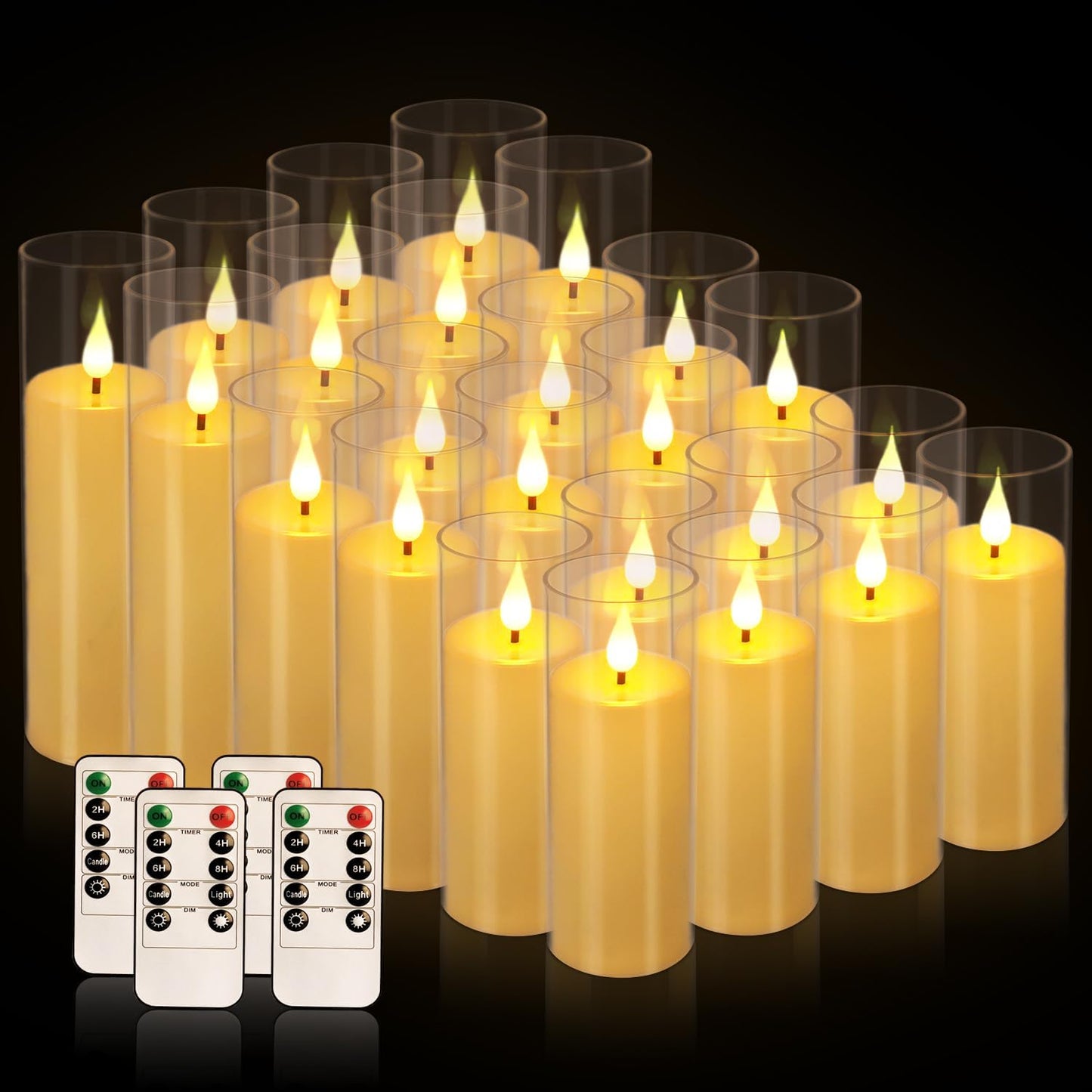 24 Packs of Acrylic LED Candles, Flickering Flameless Candles Battery Operated with Remote Dimmed and Timed, 3D Wick Candles for Home Decor,Wedding,Gift，Parties and Festivals. (3 Size)