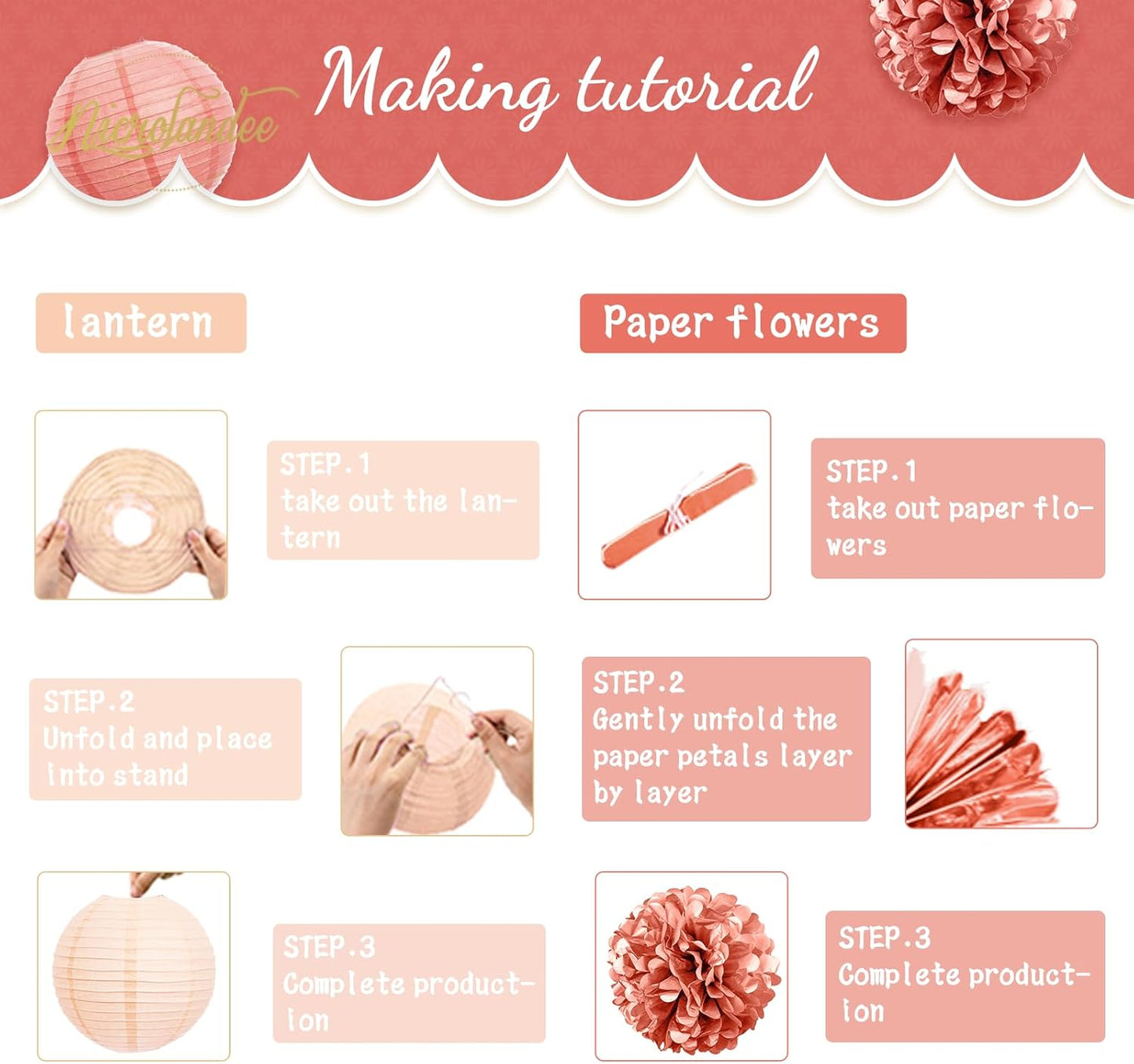 NICROLANDEE Wedding Party Decorations, 12 PCS Rose Pink Floral Paper Lanterns Tissue Pom Poms Backdrop Decoration for Pink Boho Wedding Bridal Shower Birthday Tea Party Decor