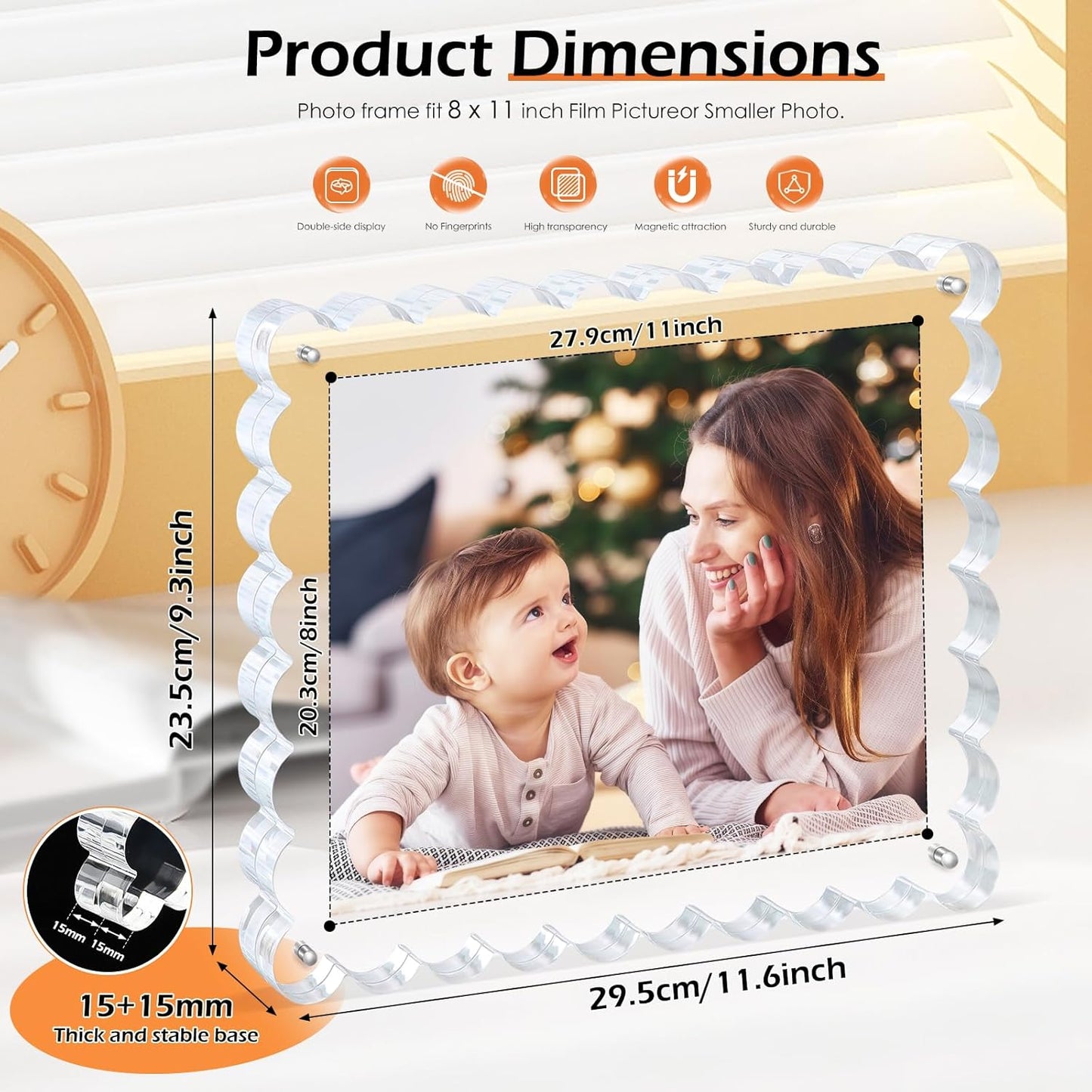 3Pack Scalloped Acrylic Photo Frame 8×10 Inch, 15+15mm Thick Block Clear Glass Photo Frame with Thick Block | Acrylic Picture Frames Modern Gift Set (3Pack, 8X10)