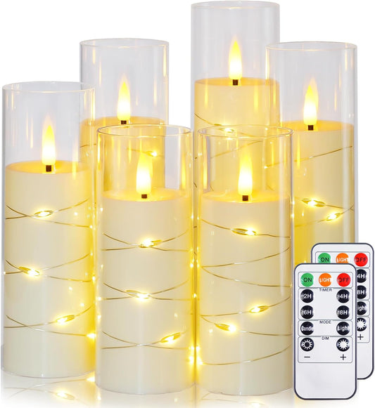 Ivory Flameless Candles with Remote and String Light, 2.2"x 5",5",6",7",7",8" LED Battery Operated Plastic Flickering Timer Pillar Candles(Pack of 6,Turn On/Off String Light Mode)