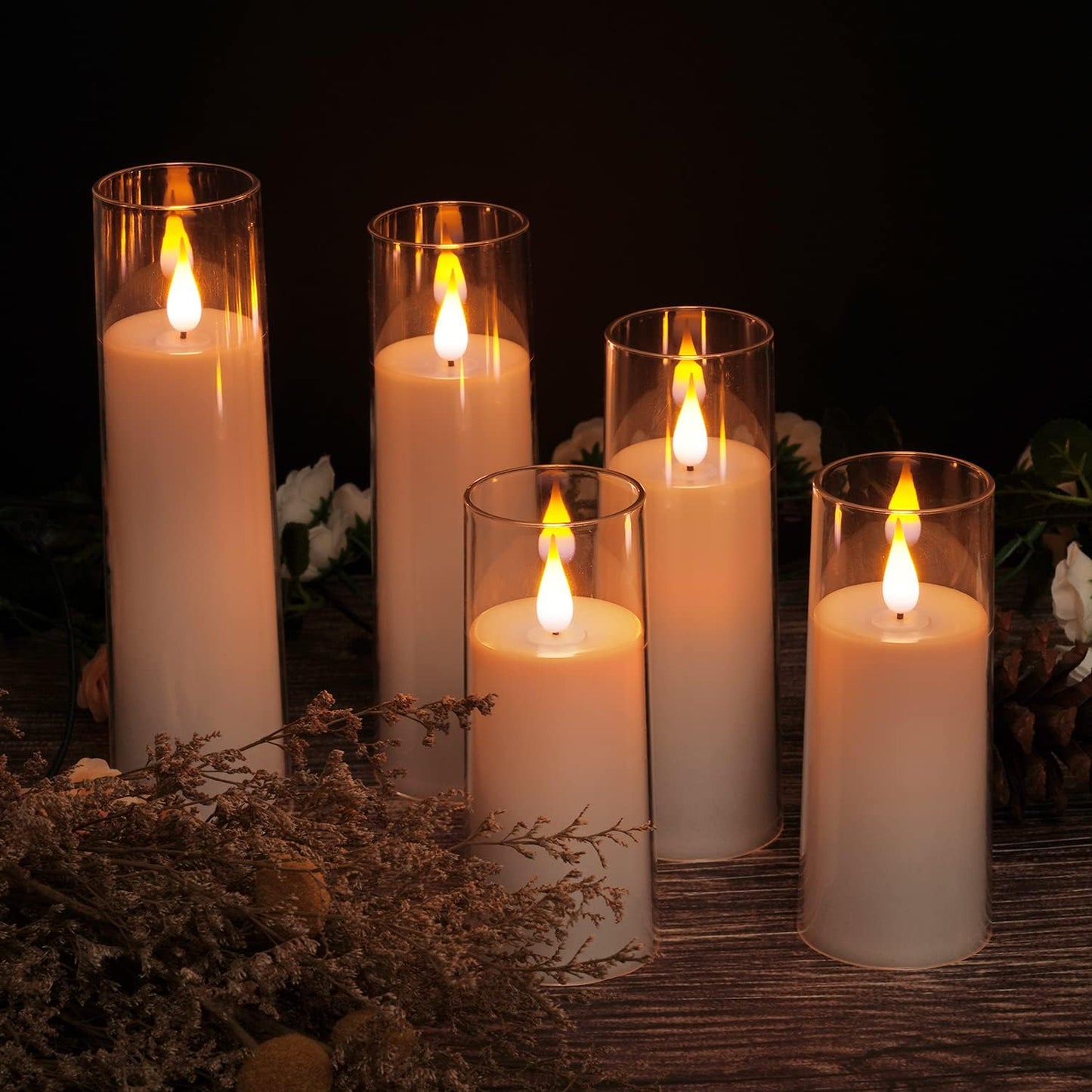 Amagic Pure White Flameless Candles, Battery Operated Candles, Acrylic Flickering LED Pillar Candles with Remote Control and Timer, 3D Wick, Yellow and Blue Glow, D2.2 xH5 5" 6" 7" 8", Set of 5