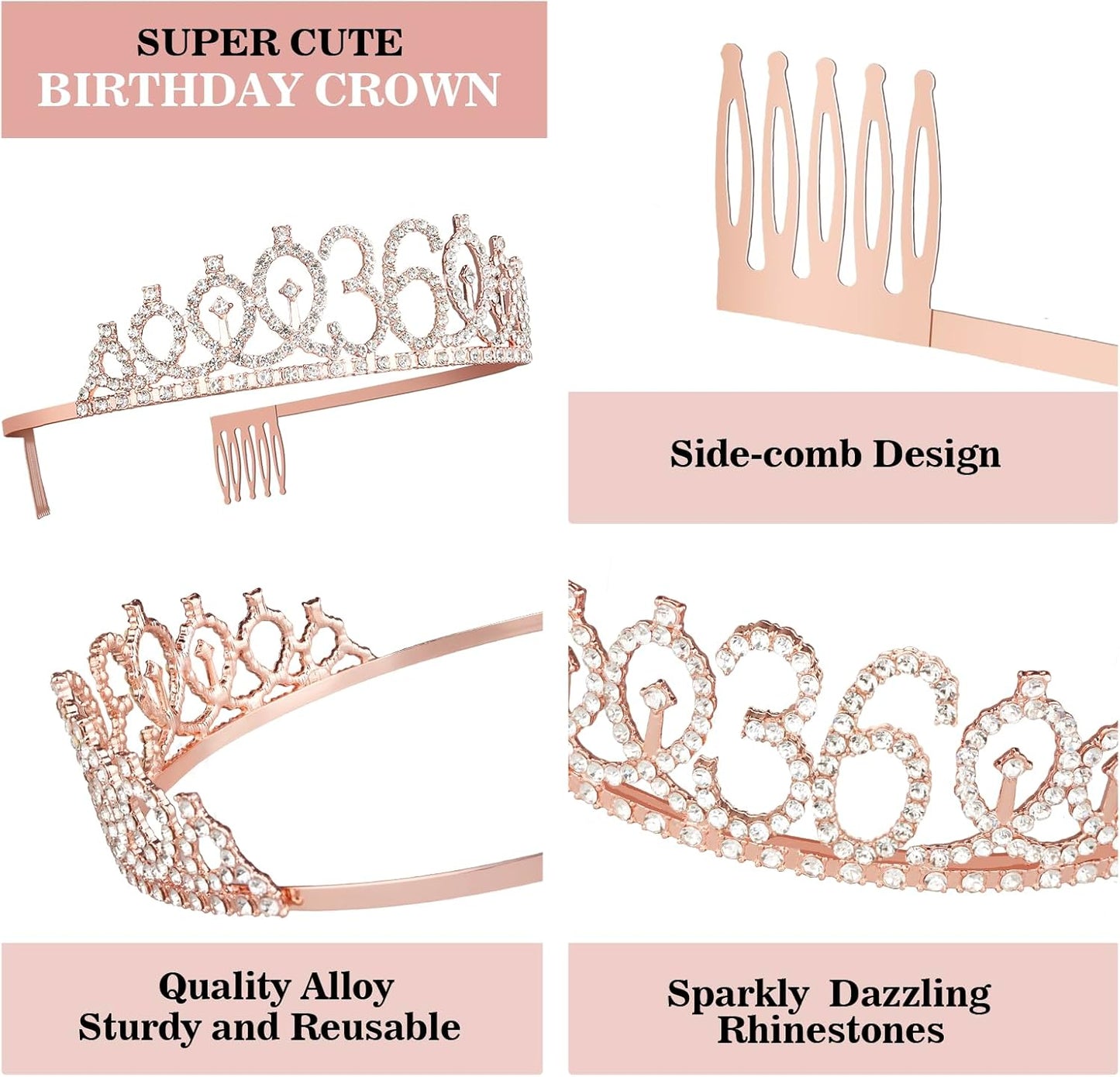 36th Birthday Decorations for Women Including Birthday Sash, Tiara/Crown, Numeral Candles and Cake Topper, Gifts for 36 Year Old Woman, Rosegold Party Decor and Supplies