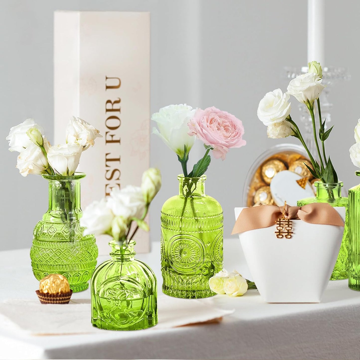 Green Glass Bud Vase Set,20Pcs Small Glass Vase for Flowers, Clear Bud Set in Bulk,Mini Single Vintage Style for Centerpiece for Rustic Wedding Decorations Home Table Flower Décor