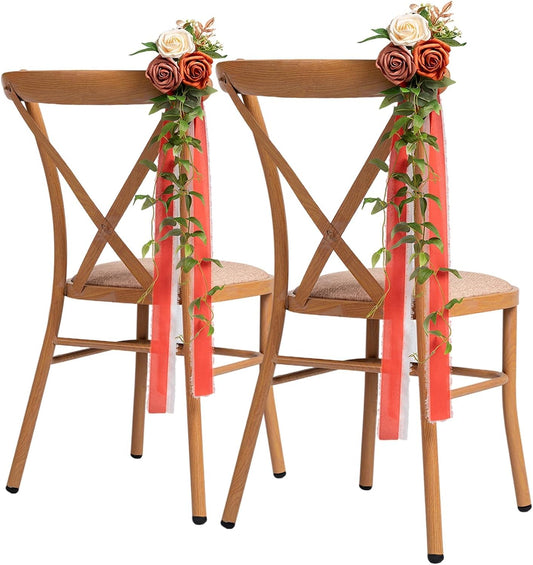 Meldel 10Pcs Wedding Chair Decorations Aisle Flowers Swag Artificial Flower Ivory Orange Garland with Ribbion for Ceremony Reception Church Rose Floral Faux Arrangement Party Outdoor Pew Decor