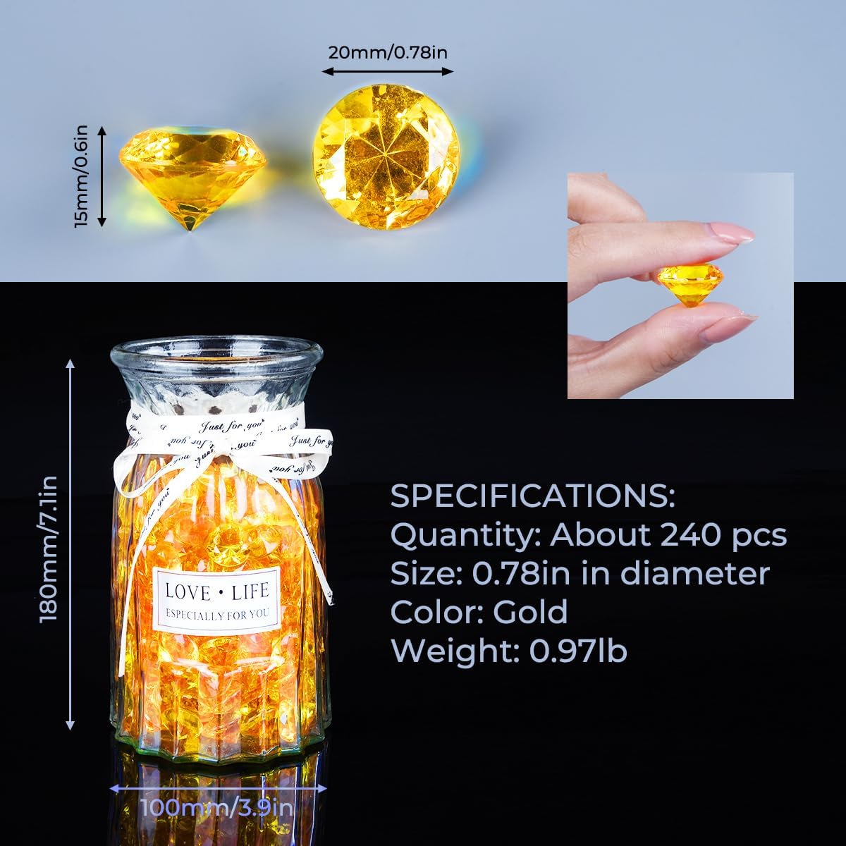 Acrylic Diamond Fake Gems Vase Filler, Babenest 240pcs 3/4 Inch Faux Diamonds Crystals Jewels for Table Scatters Wedding Party Event Arts & Crafts Birthday Decoration Favor (Orange)