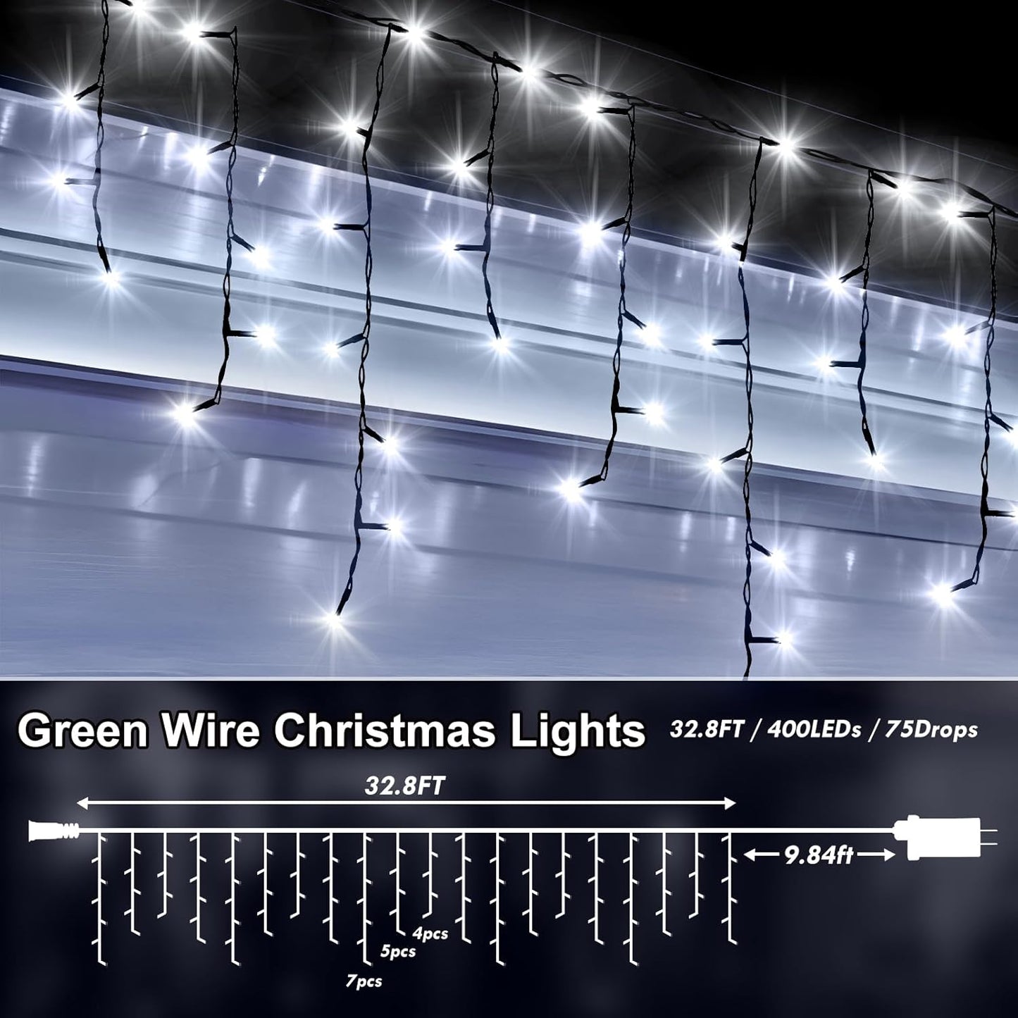 KNONEW 33FT 400 LED Christmas Lights Outdoor Black Wire String Lights with 75 Drops, 8 Lighting Modes, Timer Memory Function Connectable Hanging Curtain Lights for Halloween Party Decor (Cool White)
