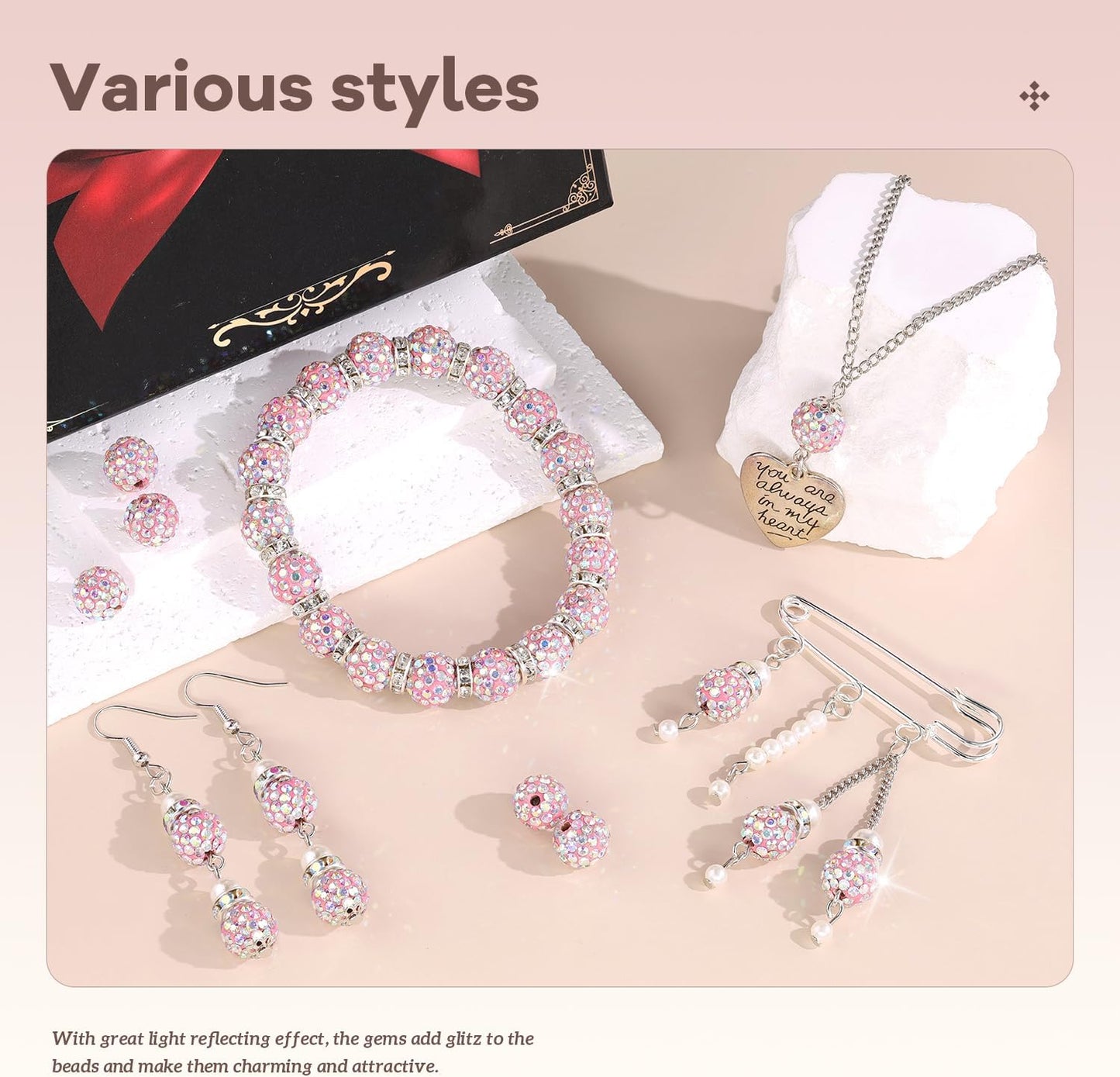 105pcs 10mm Rhinestone Beads for Jewelry Making, Pink AB Shiny Round Disco Ball Beads Bulk, Sparkle Crystal Clay Christmas for Bracelet Baseball Necklace Earring Crafting and DIY