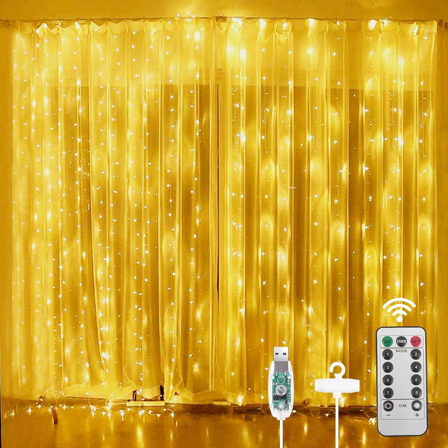 AOMIG Fairy Curtain Lights,300 LED Warm White Window Curtain String Light,8 Modes 9.8×9.8Ft Waterproof Curtain String Light USB Powered with Remote Control,Christmas String Lights for Indoor/Outdoor