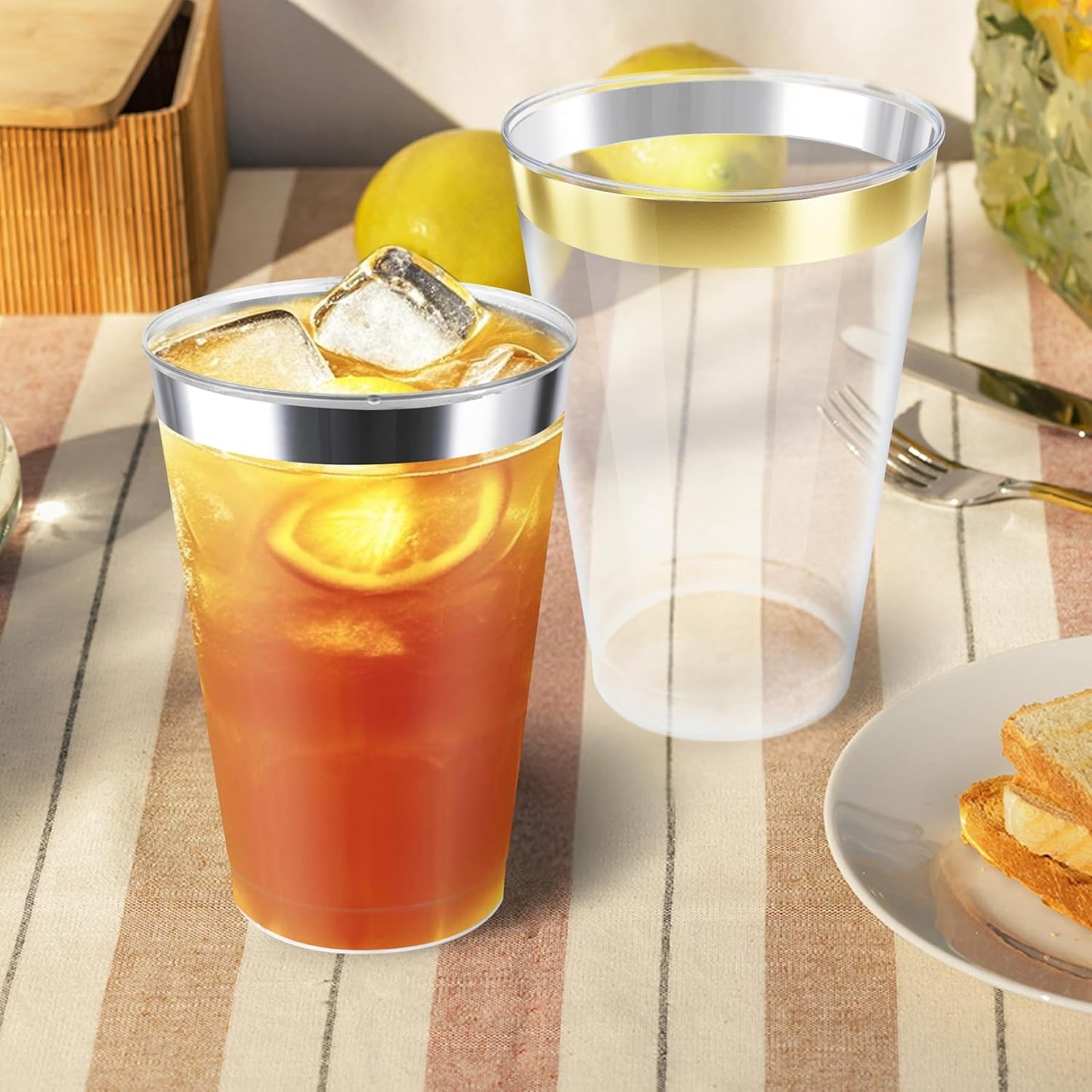 [200 Pack 12oz Clear Plastic Cups with Silver Rimmed Sturdy & Food Safe Disposable Wine Glasses Party Cups Wedding Cups Disposable Drinking Cups for Wine, Juice, Cocktails and Cold Beverages