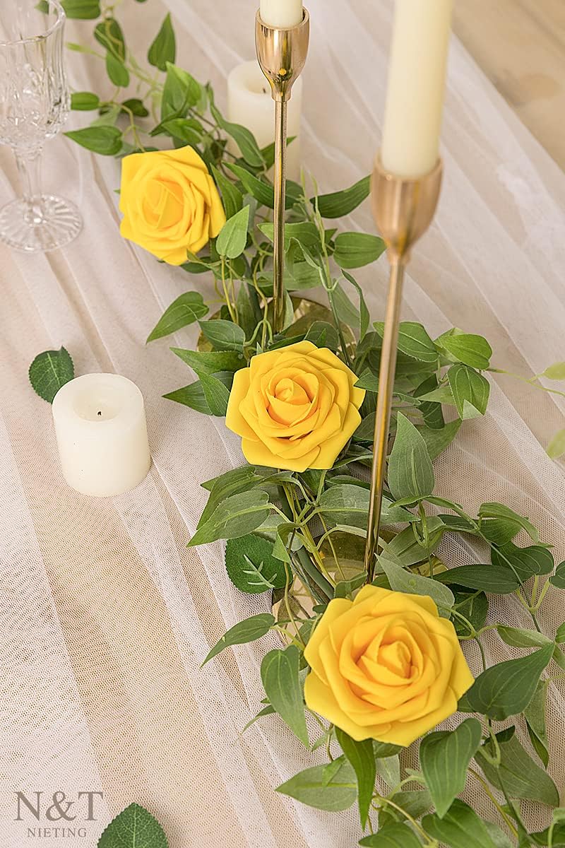 N&T NIETING Artificial Flowers, 25Pcs Fake Flowers Fall Roses Perfect for DIY Wedding Bouquets Centerpieces Bridal Shower Party Home Flower Arrangement Decorations, Gold
