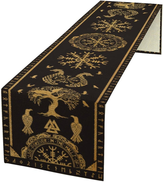 Viking Tree of Life Abstract Table Runner for Living Room Home Party Coffee Dining Party Wedding Golden Black Celtic Style Geometric Dragon Boat Rudder Ancient Script Table Runner 13x70 Inch