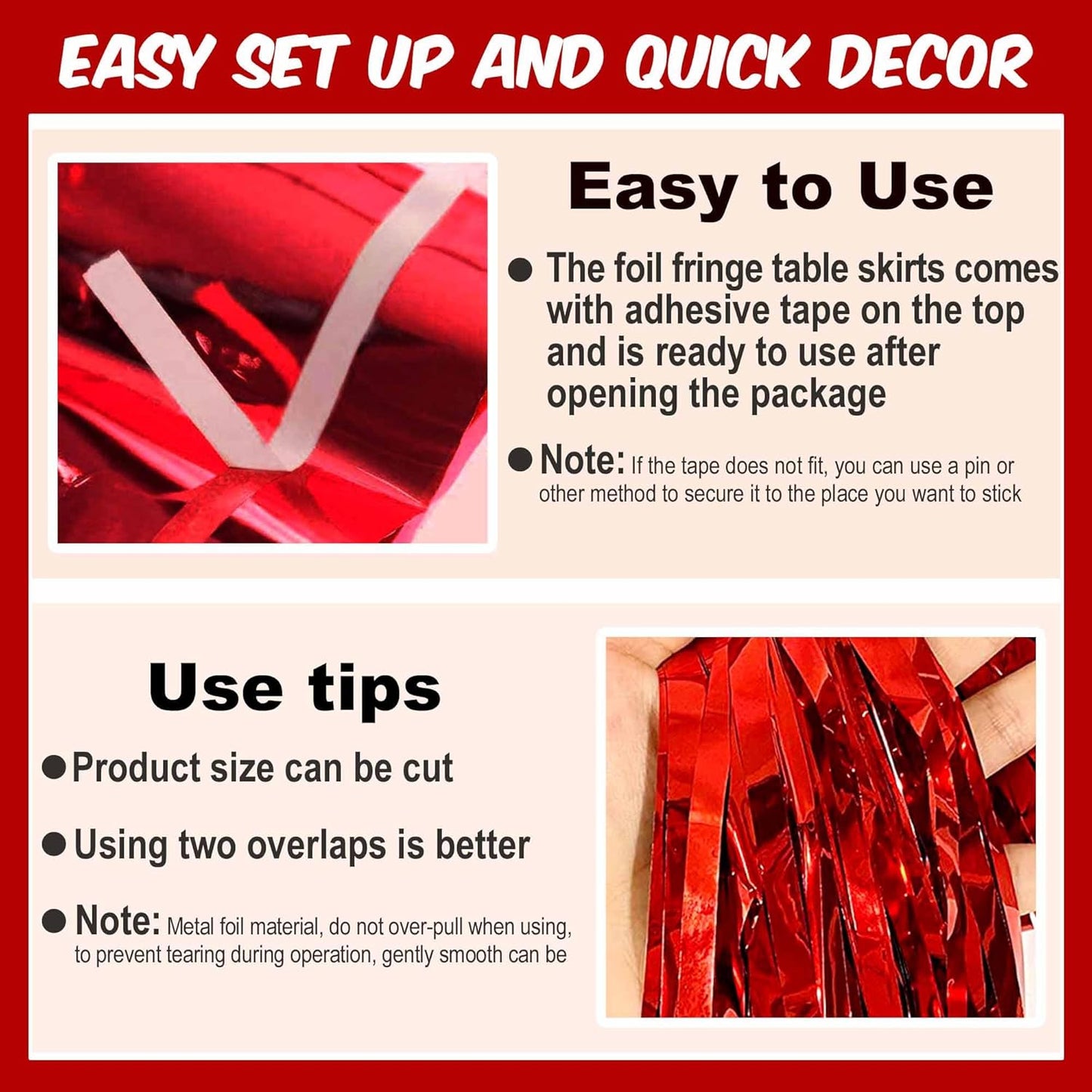 3 Pack 29 x108 Inch Red Foil Fringe Table Skirts Metallic Banner for Tinsel Streamer Garland Backdrop for Parade Floats Mother's Day, Graduate, Birthday, Wedding Party Decoration