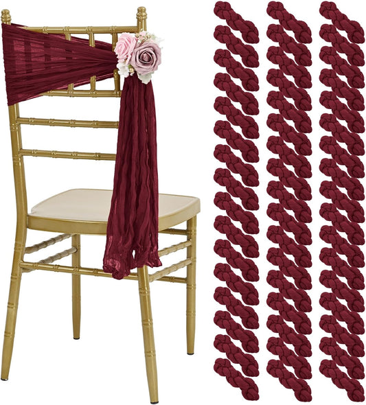 50 PCS Cheesecloth Chair Sashes, Bows Designed ChairSashes, 15.7x70 inch Chair Sashes for Aisle Decorations Universal Chairs Cover Decoration for Wedding Reception Party Banquet (Burgundy)