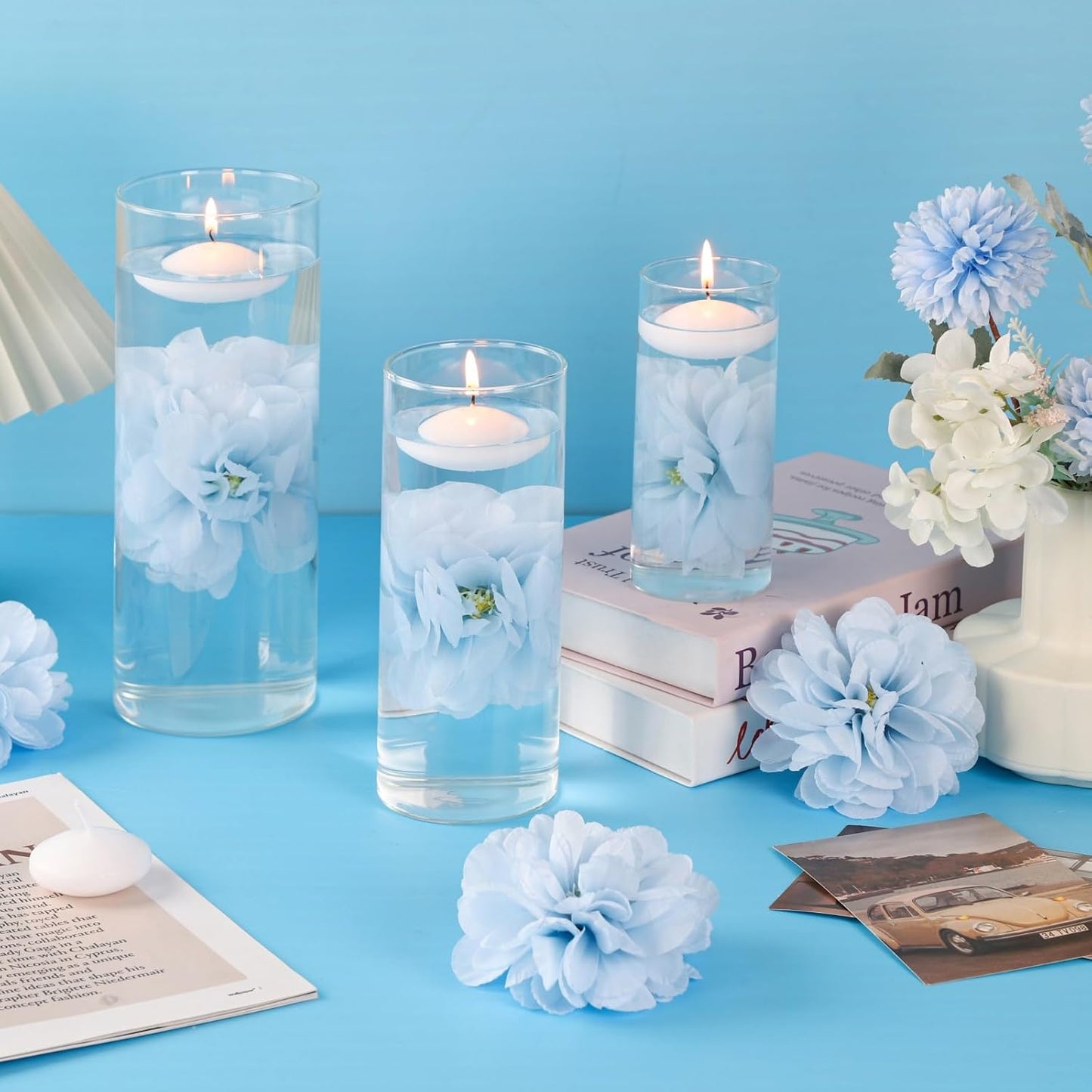24 Pcs Floating Candles for Centerpieces and Floating Flowers Vase Fillers for Centerpieces Artificial Blue Flowers for Wedding Party Home Table Decoration