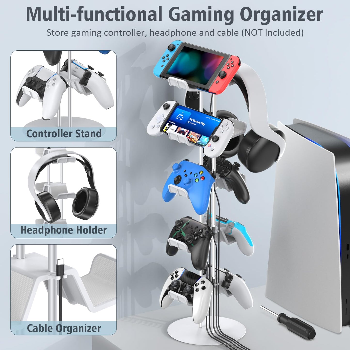 Kytok Gamer Gifts, Headset Stand 5 Tiers with Cable Organizer, Controller Stand Compatible with PS5/Xbox/Nintendo Switch/PS Portal/PS4, Headset Holder & Controller Holder for 10 Packs Controller