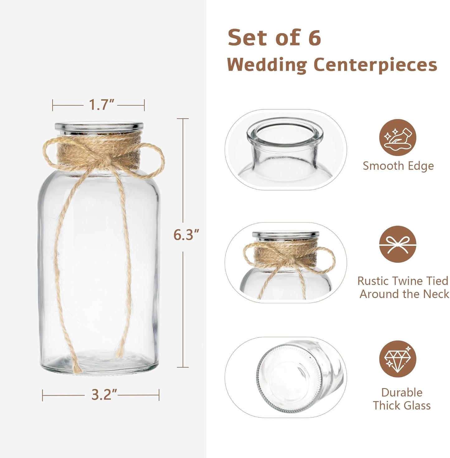 Set of 6 Vintage Glass Vases for Flowers Farmhouse Clear Glass Vases for Centerpieces Small Flower Vases with Twine Ties for Wedding, Parties & Home Decor