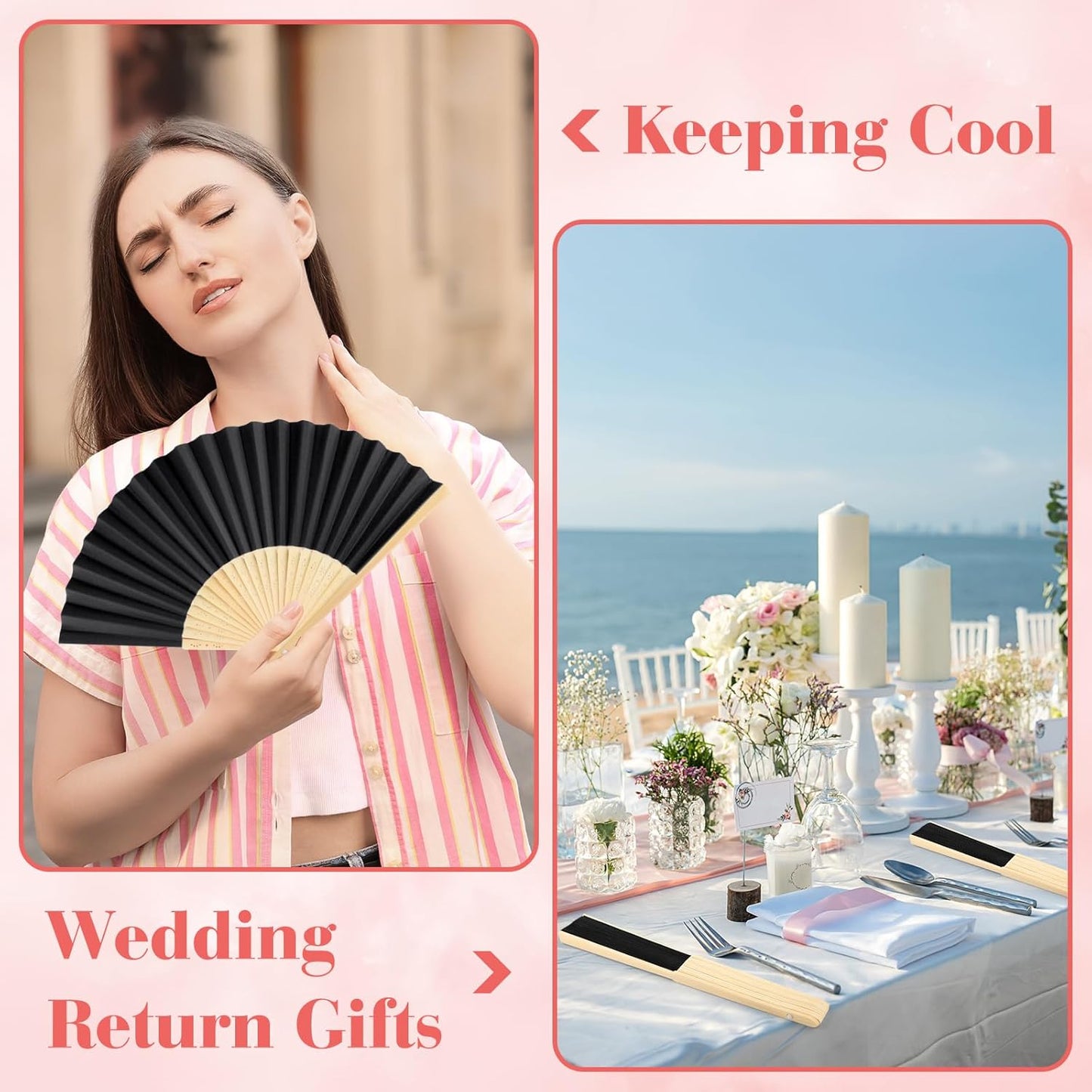 48 Pieces Black Hand Held Bamboo Folding Fans Paper Fans Handheld for Women Foldable Girls Wedding Decoration Church Home Party Favors Summer