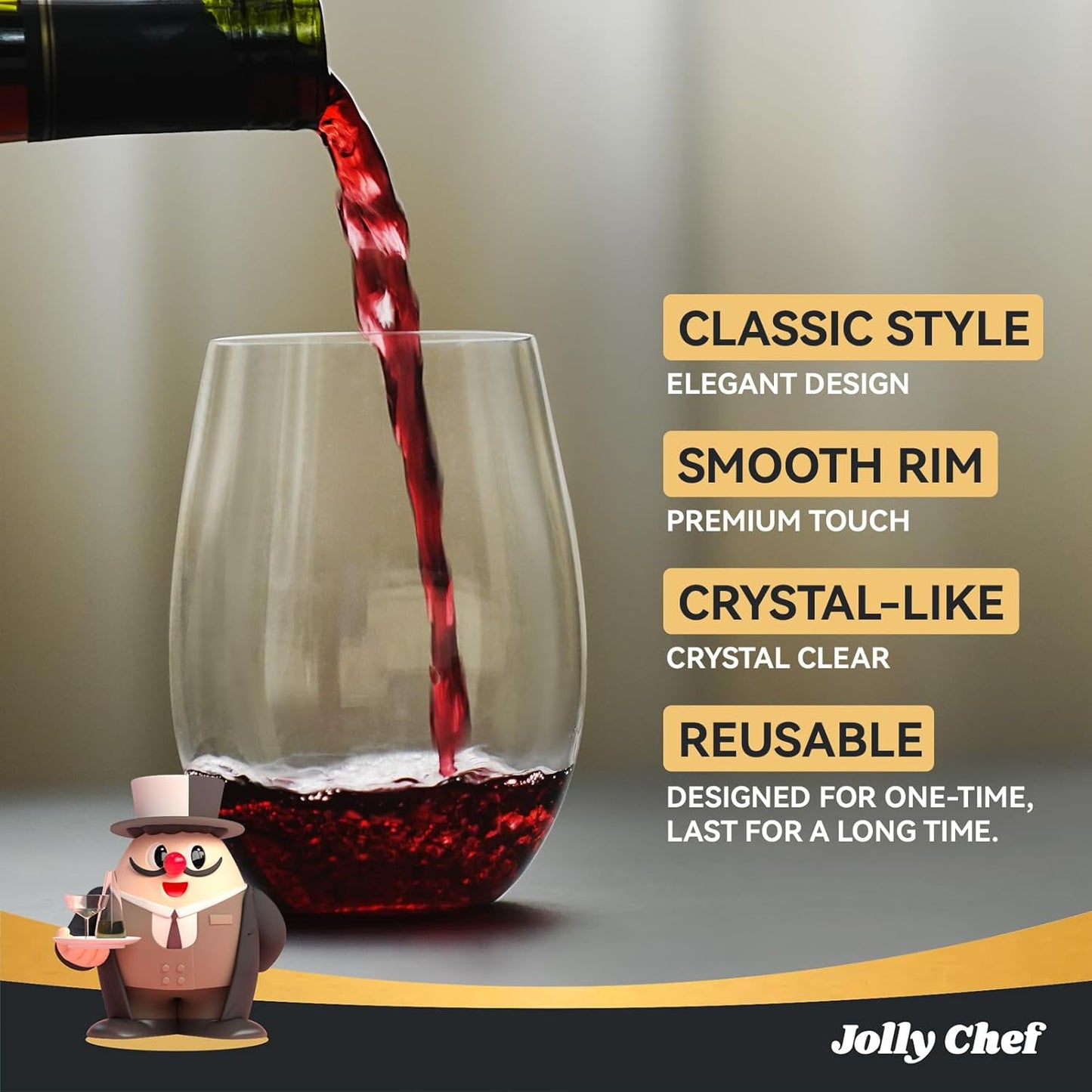 JOLLY CHEF 24 Pack 16oz Plastic Wine Glasses Stemless, Disposable Wine Cups, Premium Quality, Recyclable, Unbreakable, Crystal and BPA-Free for Party