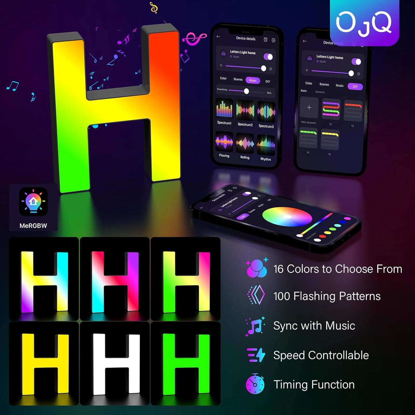 OJQ Light Up Letters LED Letter - Marquee Letters Room Decor Alphabet Letter Music Sync Color Change Colorful - Christmas Birthday Gifts for Girl - Teen Girls Gifts Party Home Wall Decor