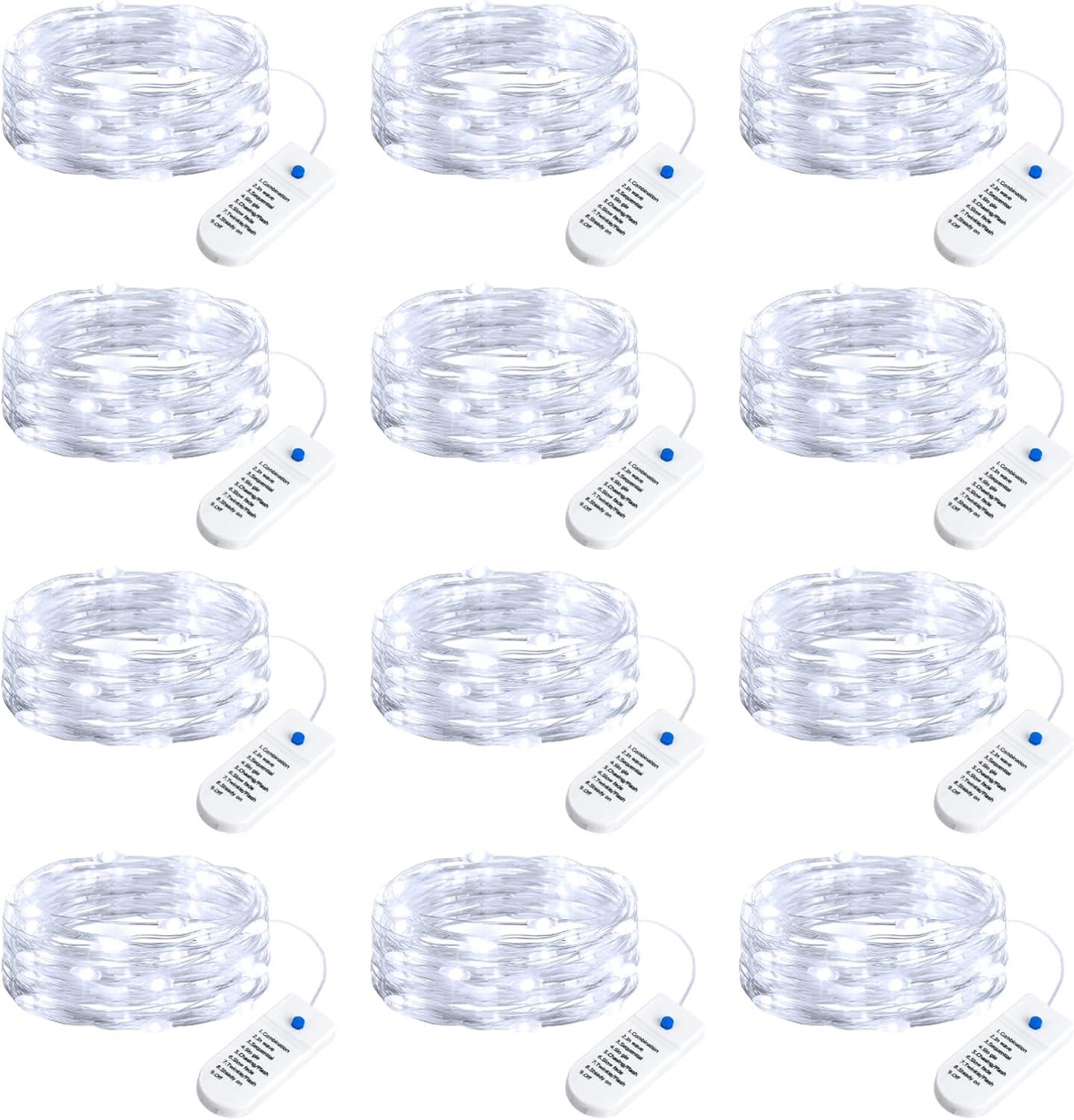 Minetom 12 Pack Fairy Lights Battery Operated String Lights, 8 Modes & Timer, 7ft 20LED White Waterproof Silver Wire Twinkle Lights, Firefly Starry Moon Lights for Mason Jars DIY Christmas Wedding