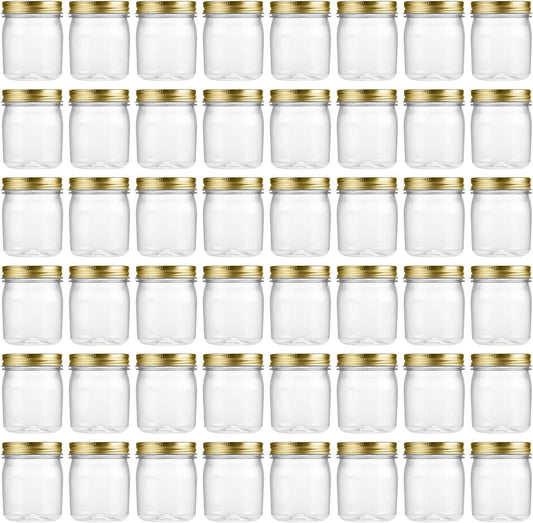 novelinks 8 oz Clear Plastic Jars with Screw-On Lids - BPA-Free Refillable Storage Containers for Slime, Spices, Crafts, Kitchen & Home Organization (48 Pack,Gold)