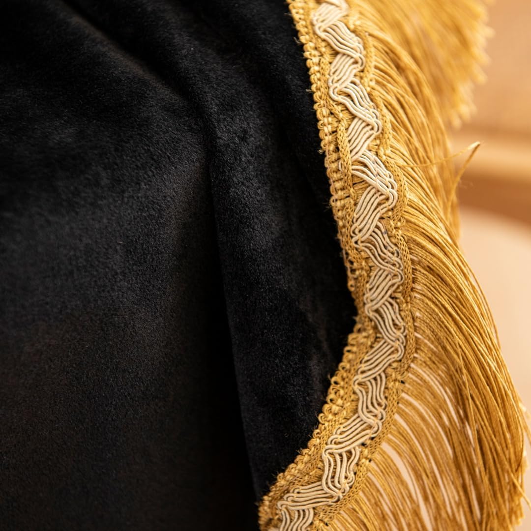 F-CHU Luxury Black Tablecloth Thickset Velvet Tablecloth with Beautiful Gold Tassels Vintage Table Cloth for Home Decor Wedding, Party, Banquet and Events 48" Round