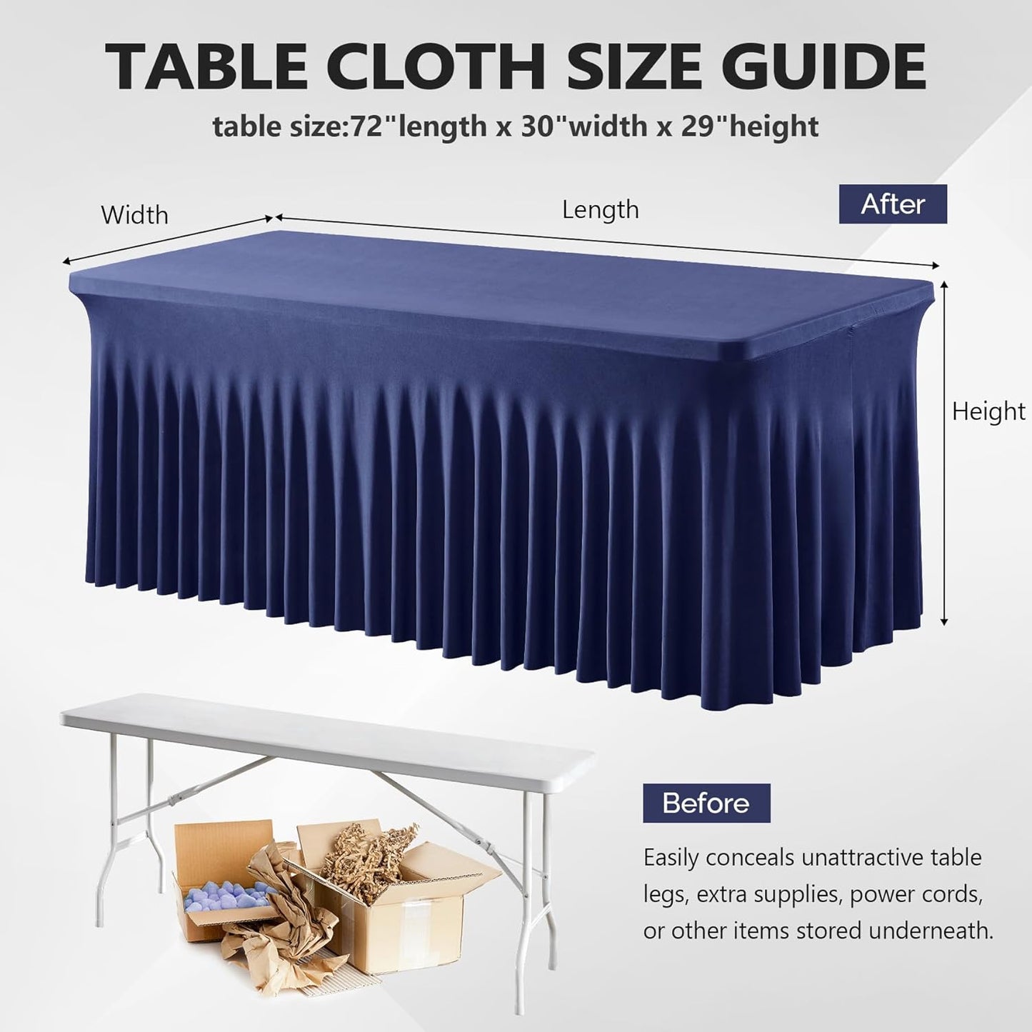 Wish Care 6 Pack Navy Blue Stretch Spandex Table Clothes for 6 Foot Rectangle Tables, 6FT Wrinkle Free Fitted Tablecloths Ruffles Design Table Cover for Party, Banquet, Wedding and Events