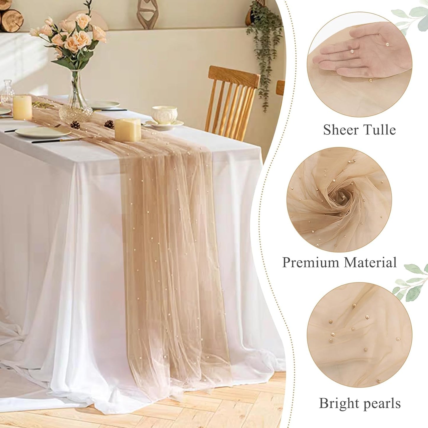 Pearl Table Runner 29 x 120 Inch Tulle Fabric Lace Table Runners Boho Rustic Tablecloth for Bridal Shower Birthday Party Wedding Arch Aisle Veil Dessert Table Decor(1 Pack, Nude)