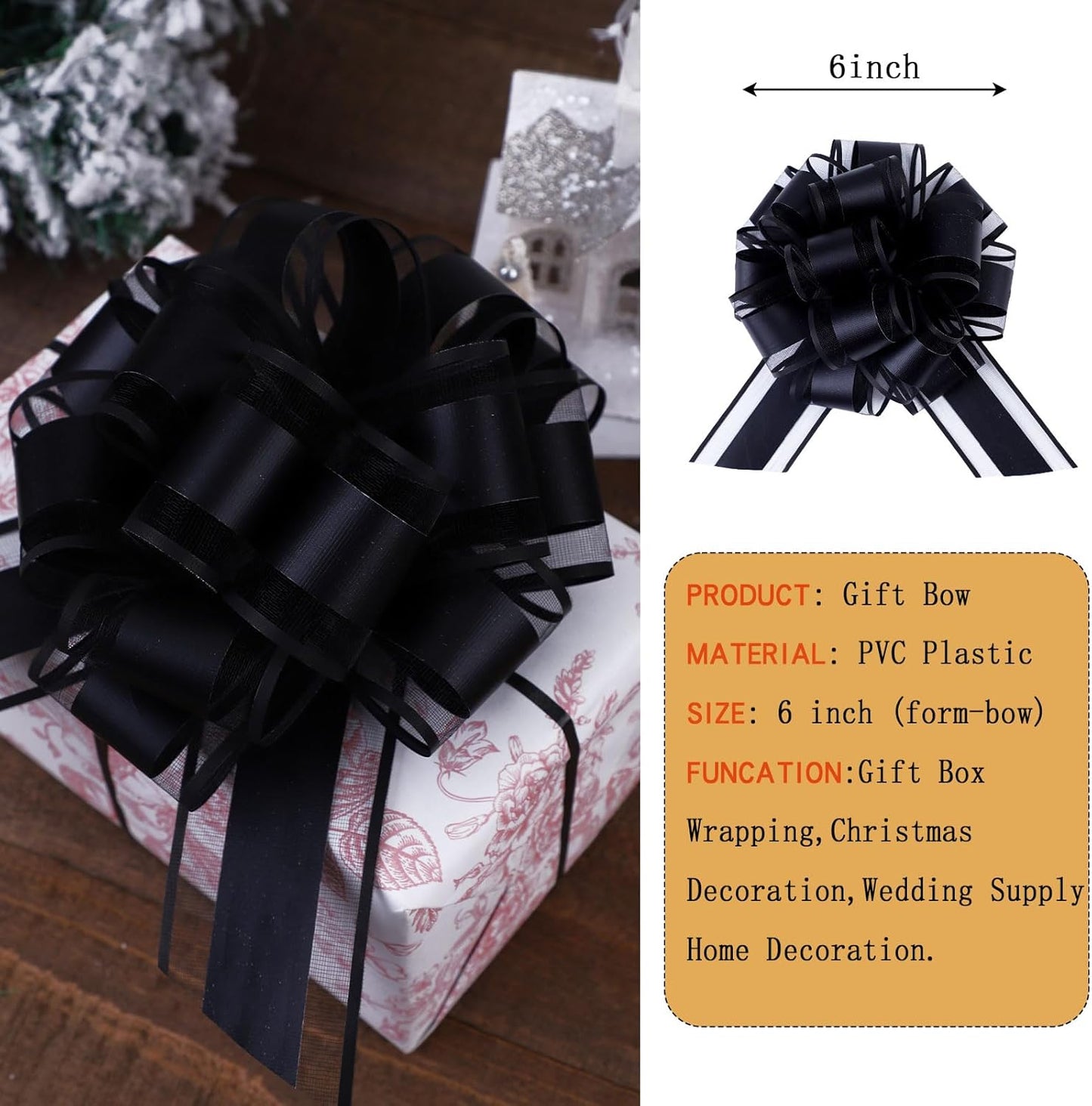 6Pcs 6inch Pull Bow Gift Wrapping,Pull Bow For Gift Basket, Gift Bag Box Wrapping Decor, Valentines Day, Birthday, Anniversary, Wedding, Flower Packaging (Black)