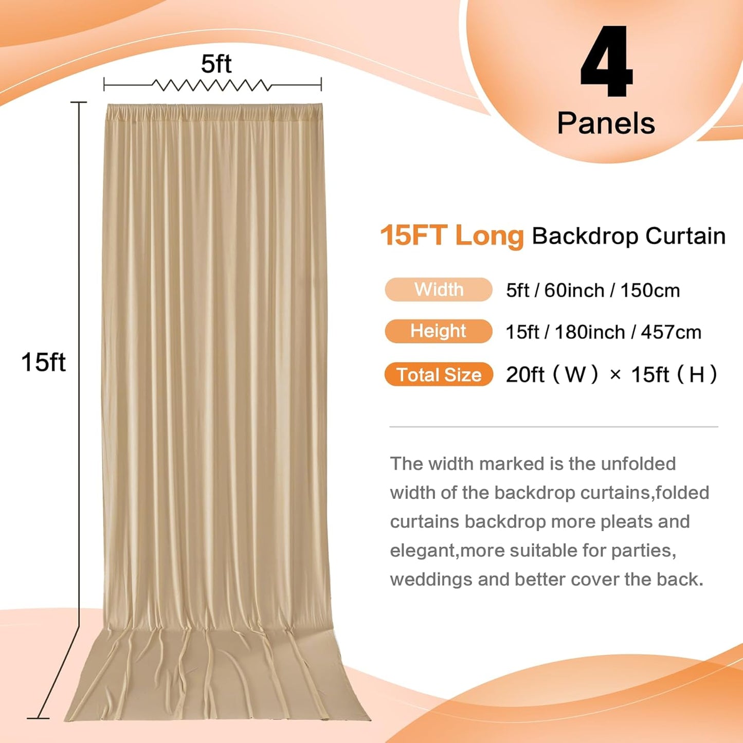 20ft x 15ft Beige Wrinkle Free Backdrop Curtains for Parties,Silky Polyester Fabric Wedding Ceiling Drapes, 4 Panels 15ft Photo Back Drop Drapes for Baby Shower Photography Stage Background Cloth