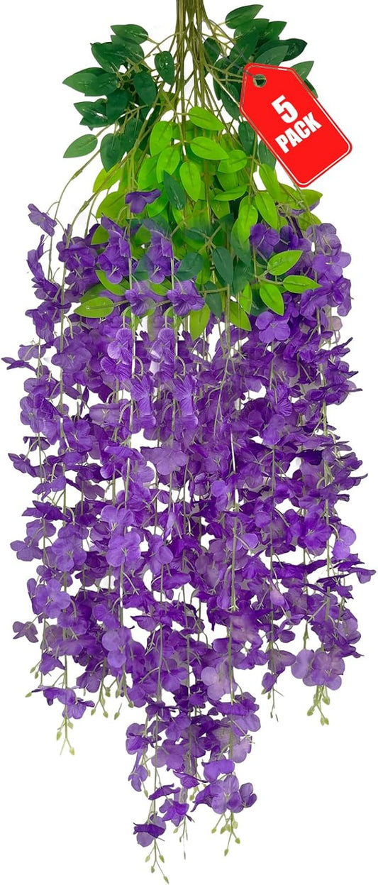 5 Pack Purple Wisteria Hanging Flowers, 3.44 Ft Fake Hanging Flowers, Artificial Wisteria Garland Vines for Wedding Room Backdrop Outdoor Patio Garden Decoration