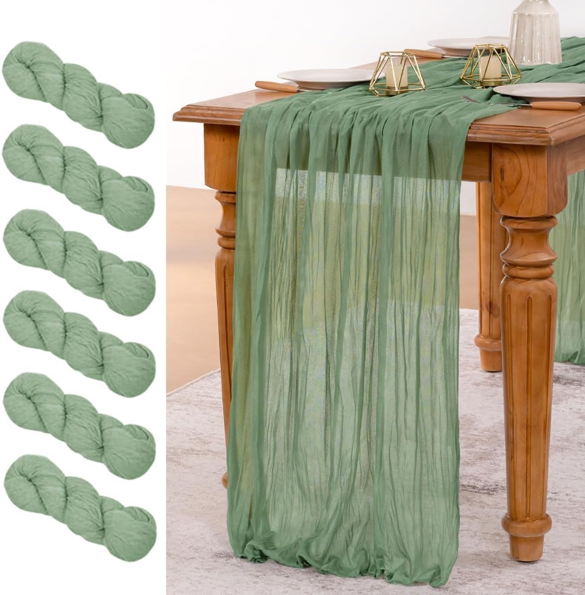 MLMW 6 Pack Sage Green Table Runner Cheesecloth Boho Gauze Rustic Cheese Cloth Table Runner 160 inch Sheer 13.3ft for Wedding Party Baby Bridal Shower Birthday