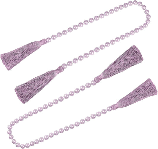 Fenghuangwu 34 Inch Pearl Glass Bead Garland with Tassels - Elegant Boho Table Decor, Fringe Wall Hanging for Wedding, Party, Farmhouse Rustic Prayer Bead Home Decoration(2 Pack,Purple)