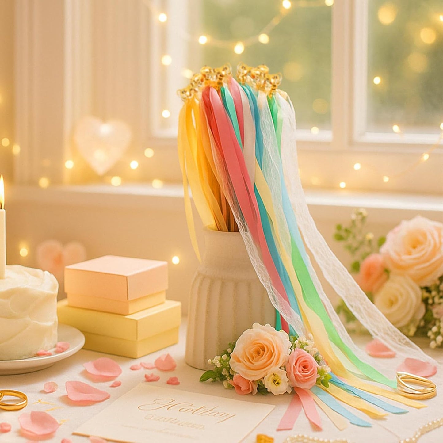 Taiyin 150 Pcs Lace Ribbon Stick Wands Wedding Wand Streamers with Bell Silk Ribbon Fairy Wand Wedding Send Off Streamer for Baby Shower Holiday Party Favors (Colorful)