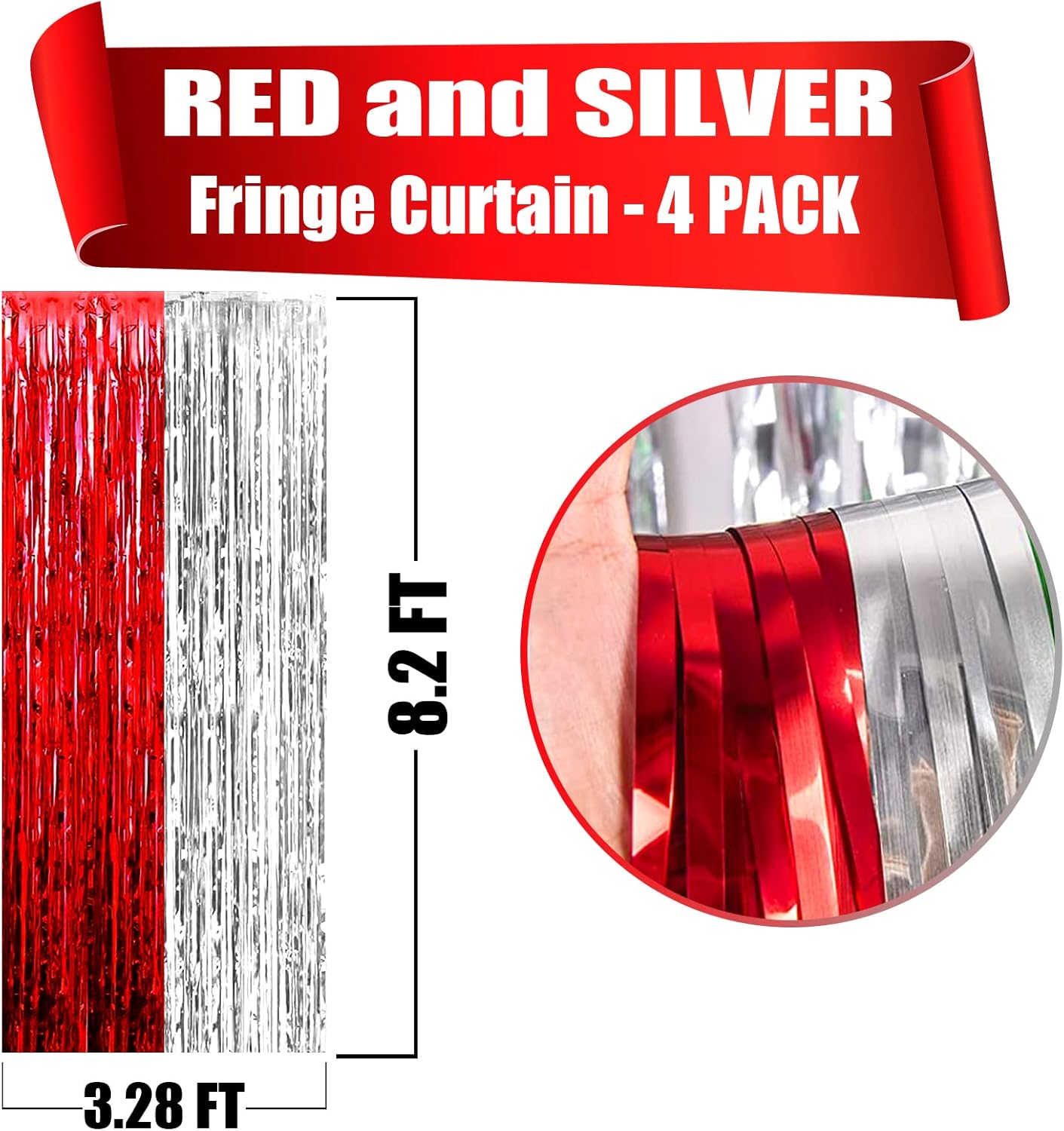 4 Pack Silver Red Foil Fringe Curtain Backdrop, 3.28Ft x 8.2Ft Metallic Tinsel Foil Fringe Streamers Curtains for Photo Booth, Wedding, Circus Welcome Carnival Birthday Party Decoration