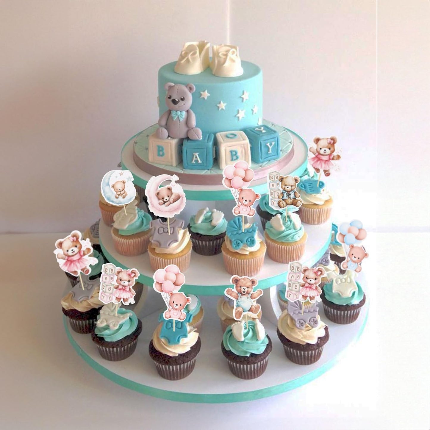 Gyufise 32Pcs Baby Shower Bear Cupcake Toppers Moon Baby Bear Baby Shower Cake Topper Decorations Jungle Animal Theme Birthday Party Cake Supplies Blue Pink