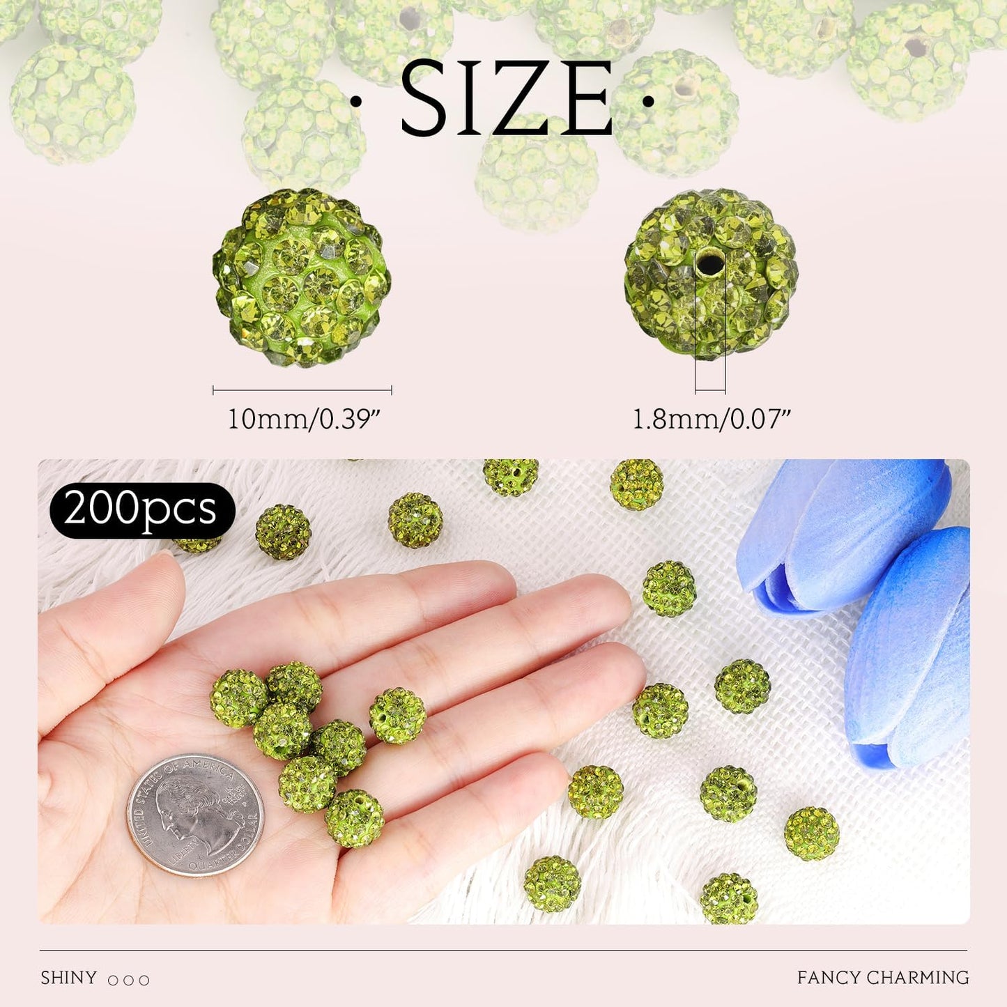 200pcs 10mm Olivine Rhinestone Beads for Jewelry Making, Shiny Round Shamballa Disco Ball Beads Bulk, Sparkle Crystal Clay Christmas for Bracelet Baseball Necklace Earring Crafting and DIY