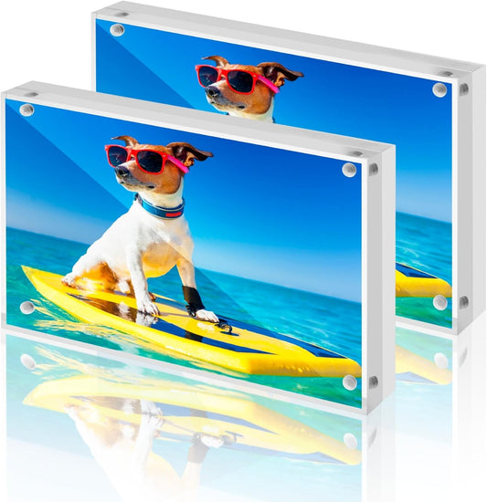 CATIFLIN 4x6 Magnetic Acrylic Frames 2 Pack, Double Sided Clear Frameless Picture Frame Blocks, 20mm Thick Photo Frames Free Standing Display for Family Photos, Certificates, Office, Artwork