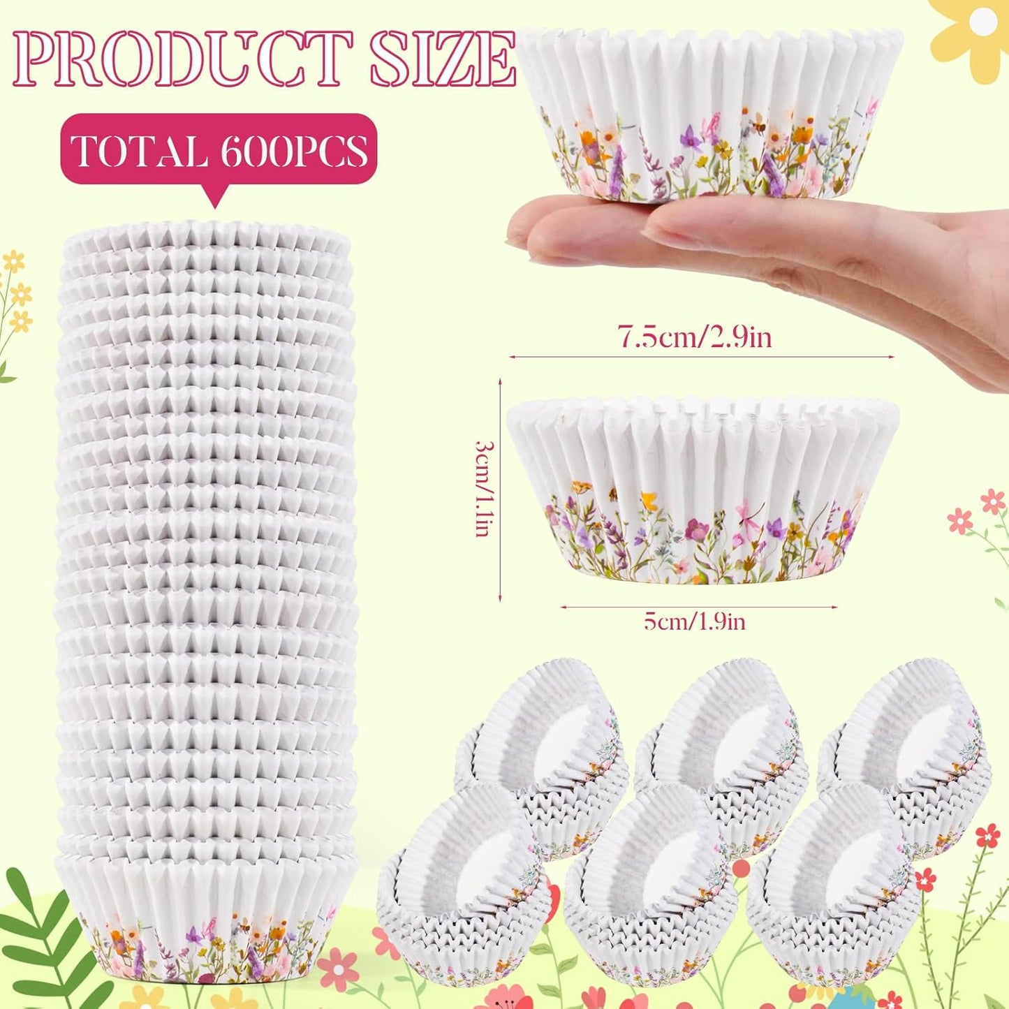 600 Count Elegant Wildflower Cupcake Liners for Baby Showers, Weddings, Spring Birthday Parties - Floral Rustic Theme Party Decorations Supplies