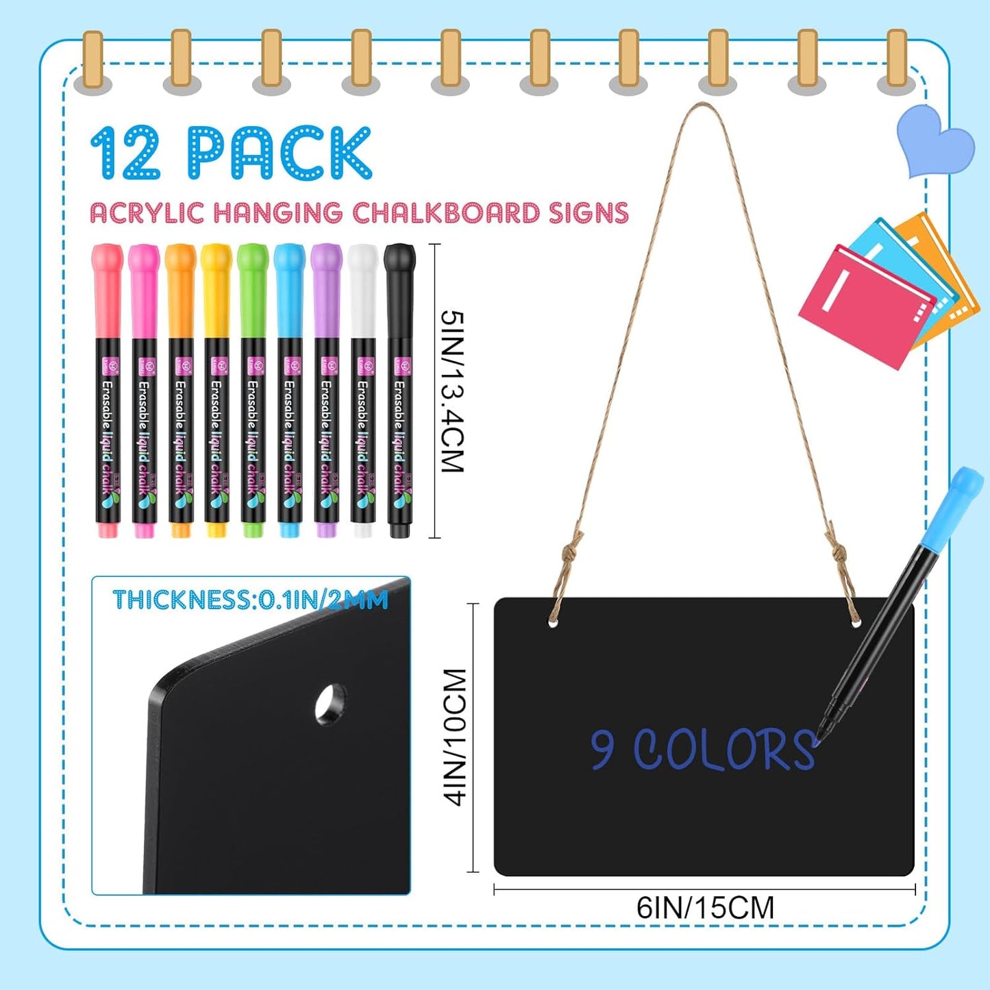 12 Pcs 4 x 6 Acrylic Chalkboard Hanging Sign with Chalk Markers Chalk Board Signs with Hanging String for Wedding Kitchen Home Party Decoration (Rectangle)
