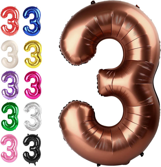 Large 40 Inch Coffee Brown 3 Number Balloon, 3 13 23 30 33 36 38 Dark Brown Birthday Party Decorations, Numbers Three Foil Balloons for Anniversary Party Graduations Celebration Supplies