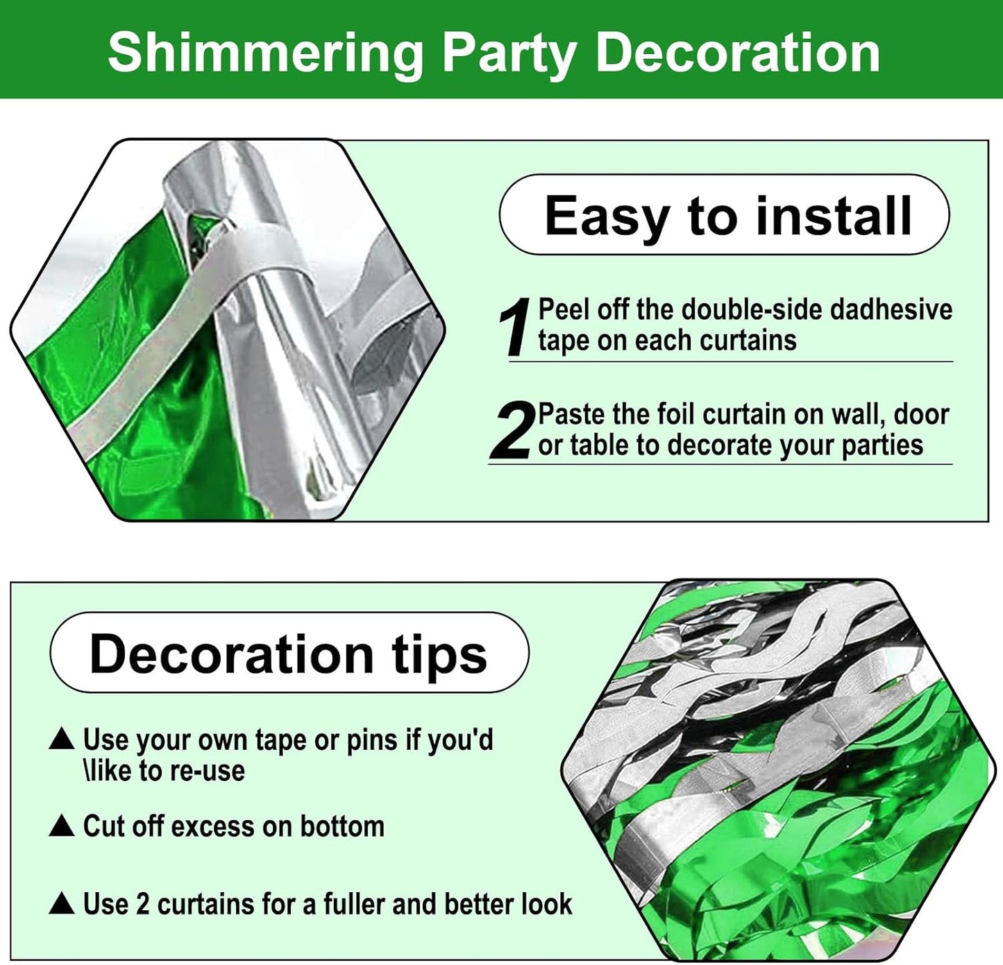 4 Pack Silver Green Wave Foil Fringe Curtain Backdrop, 3.28Ft x 8.2Ft Metallic Tinsel Foil Fringe Streamer Curtains for Photo Booth, Mother's Day, Easter, Birthday, Wedding Party Decoration