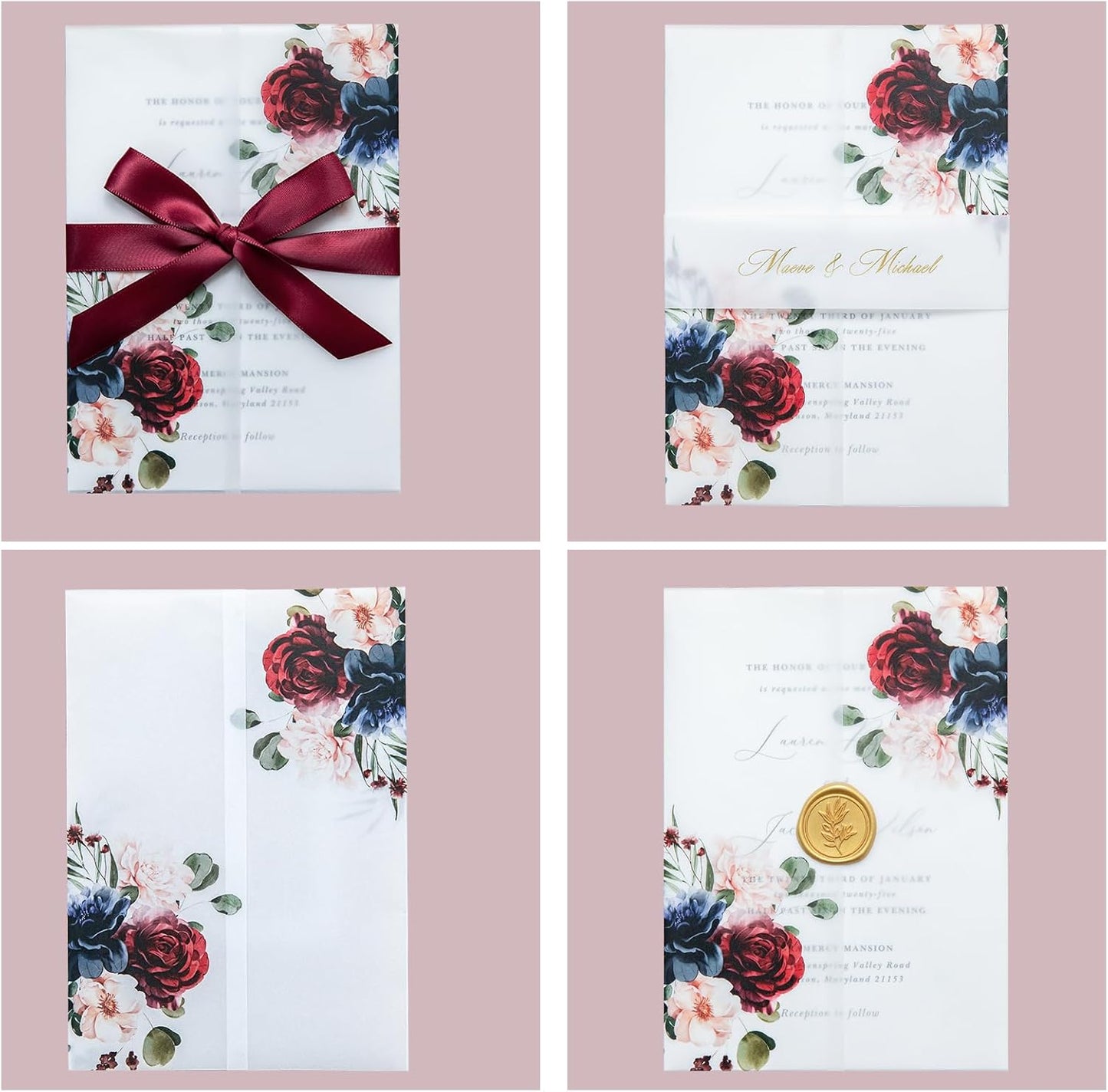 PONATIA 50 PCS 135gsm Vellum Jackets for 5x7 Invitation Cards - Burgundy and Navy Blue Flowers Printed Vellum Sleeves, Wedding Invitation Cards Wraps, Transparent Christmas Gift Cards Jackets