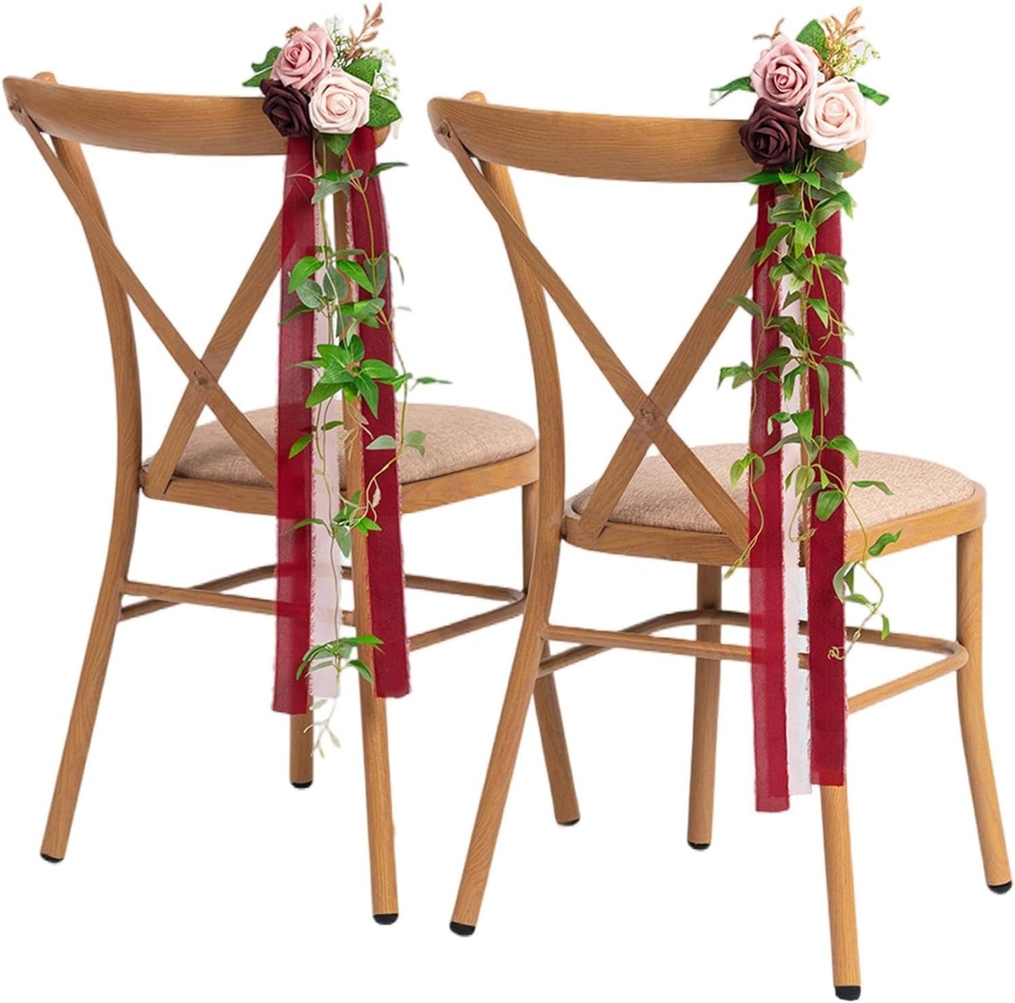 Meldel Wedding Aisle Decorations for Ceremony 10 Pcs/Set Burgundy Pink Rose Garland with Hanging Ribbons Church Chair Decorations Party Decor Arrangement Wedding Pew Decor Flower