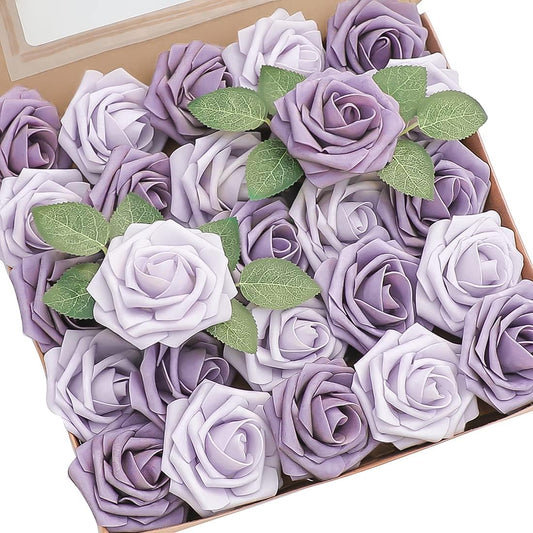 Floroom Artificial Flowers 50pcs Real Looking Lavender African Violet Purple Foam Fake Roses with Stems for DIY Wedding Bouquets Bridal Shower Centerpieces Floral Arrangements Party Tables Decorations